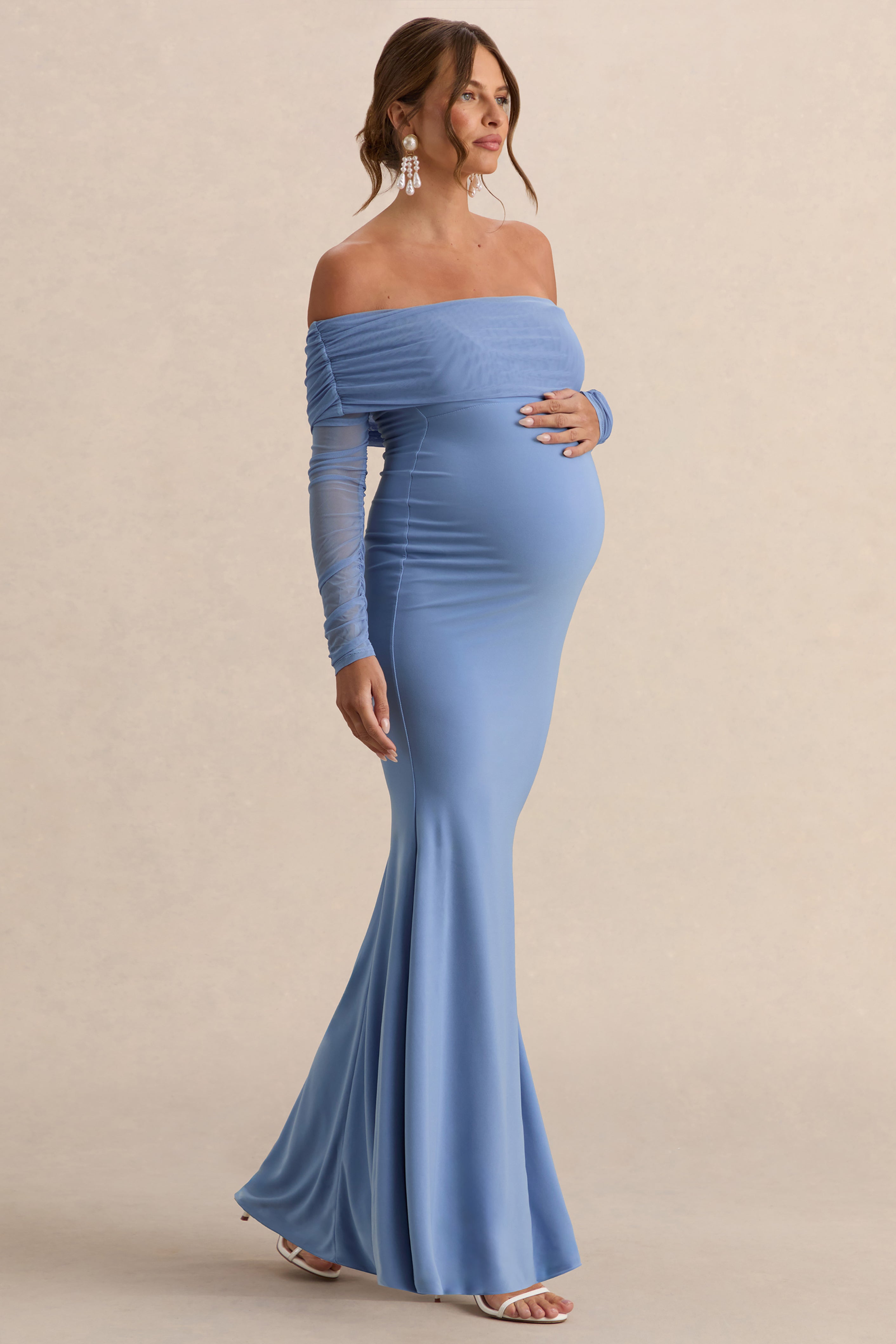 Pretty Perfect | Powder Blue Maternity Ruched Mesh Bardot Maxi Dress