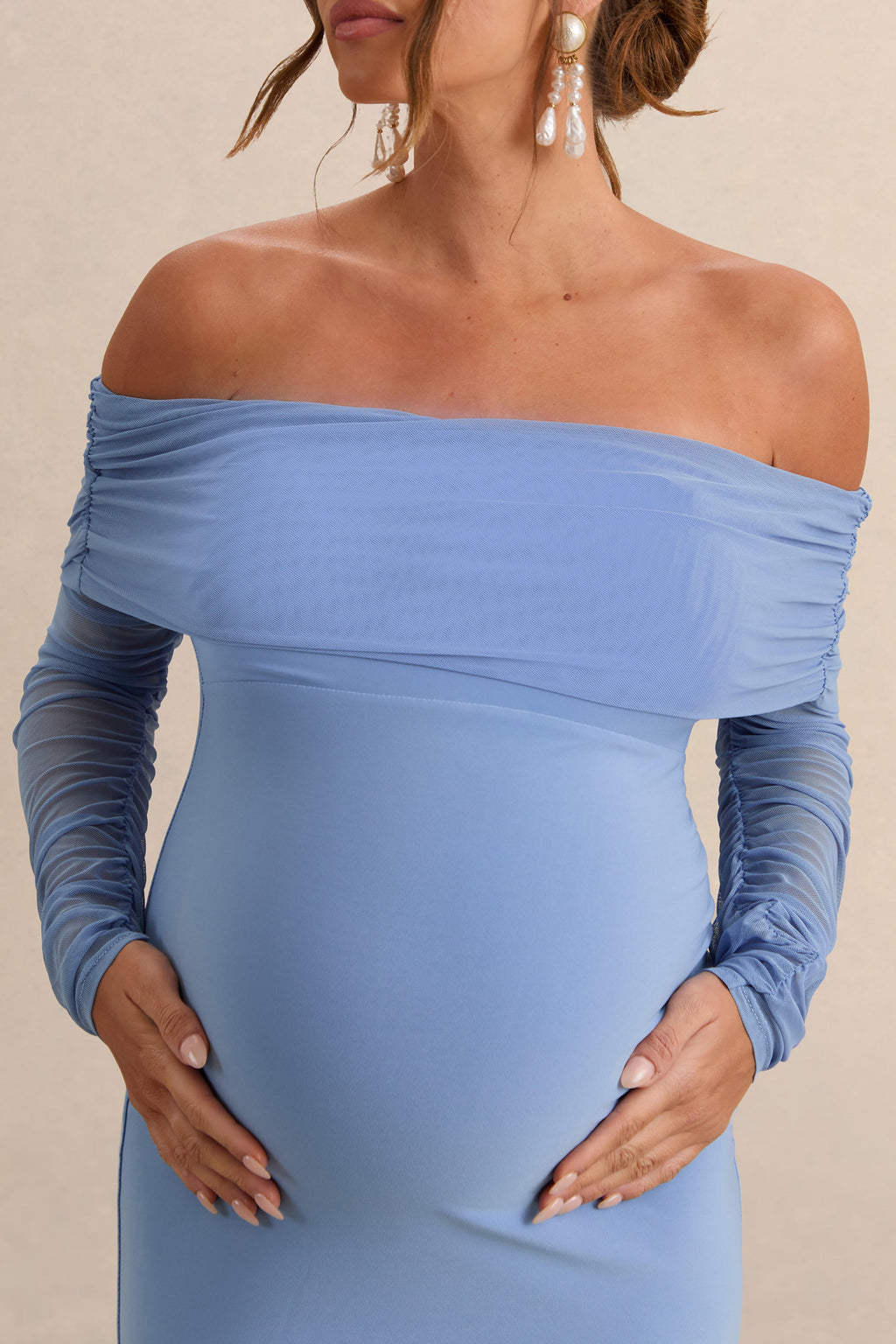 Pretty Perfect | Powder Blue Maternity Ruched Mesh Bardot Maxi Dress