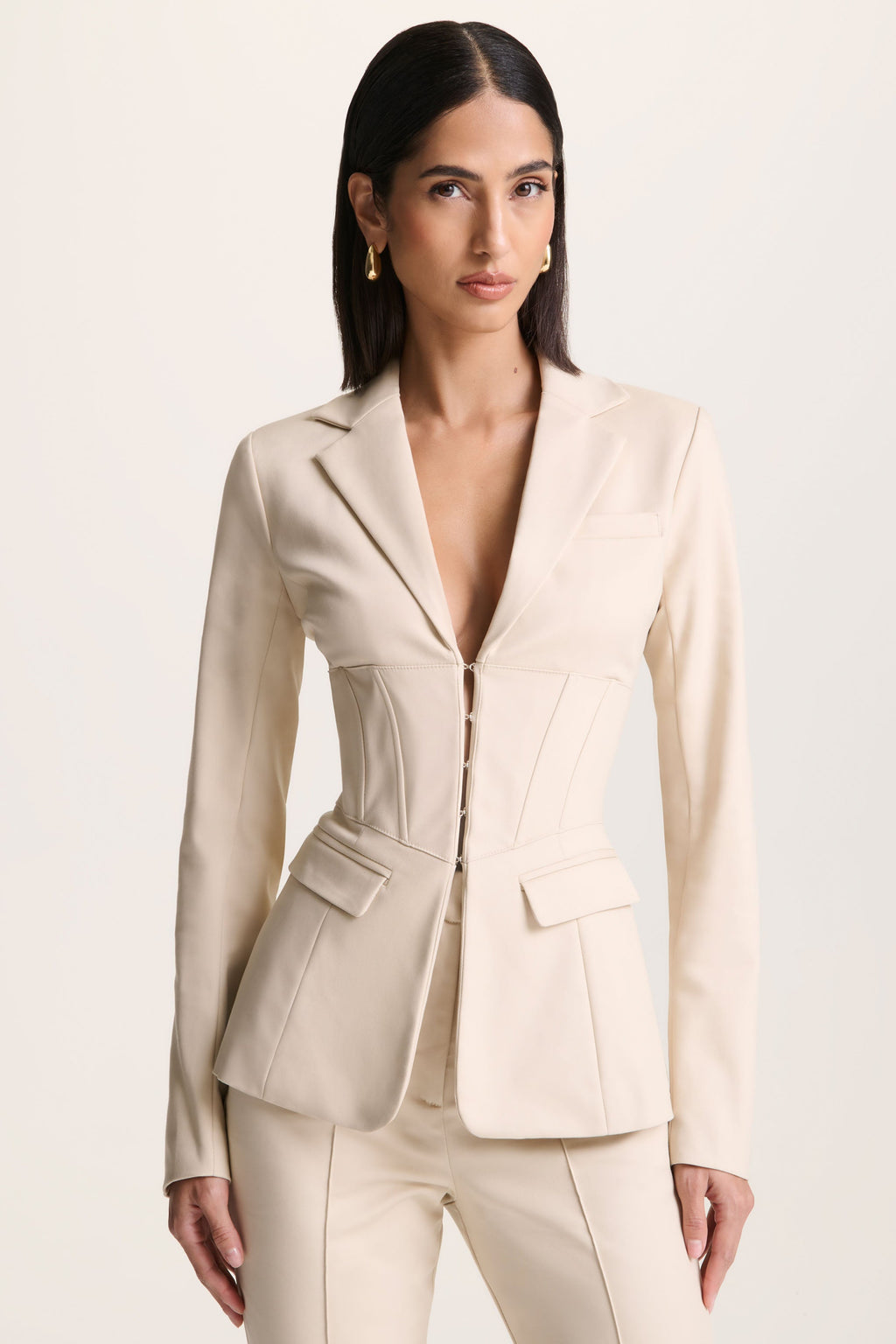 Unbeaten | Cream Plunge Corset Waist Blazer
