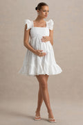 Dolly Daze | White Ruffle Sleeve Babydoll Maternity Mini Dress