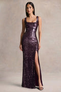 High Life | Plum Sequin Square-Neck Maxi Dress With Front-High Split