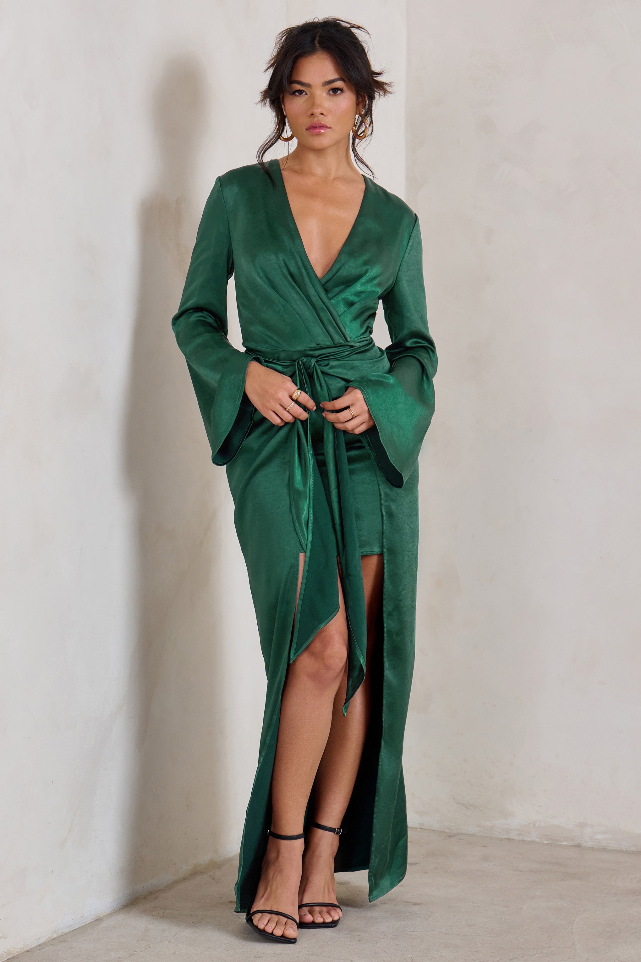 Patricia | Green Extreme Plunge Long Sleeve Maxi Dress With Tie Detail