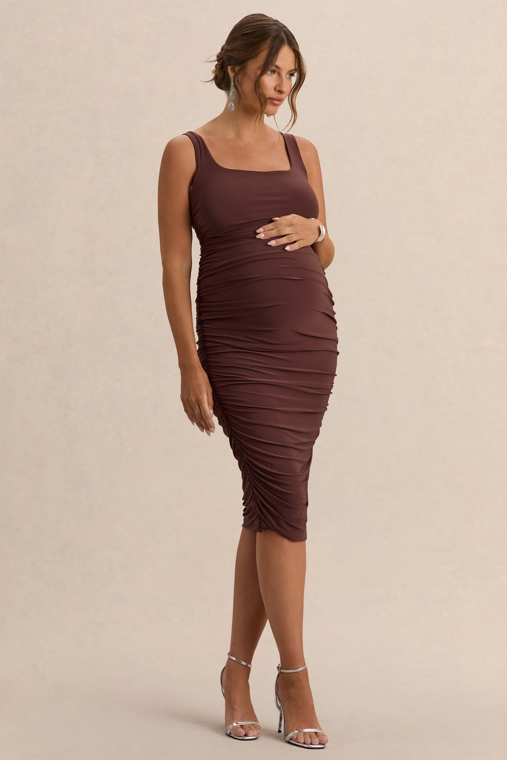 Lisbon | Brown Maternity Square Neck Ruched Midi Dress