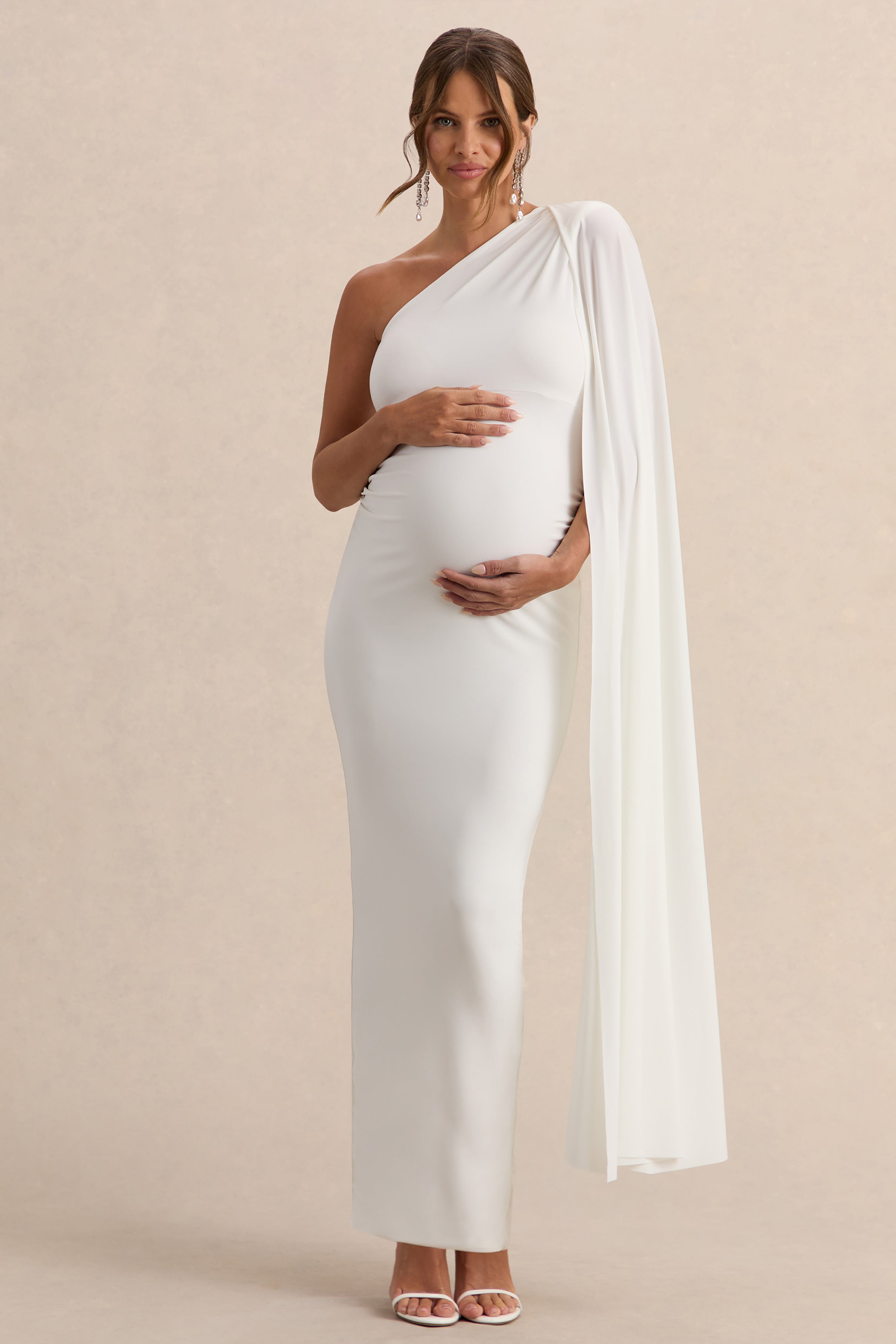 Amaryllis | White Maternity One Shoulder Maxi Dress with Cape Sleeve