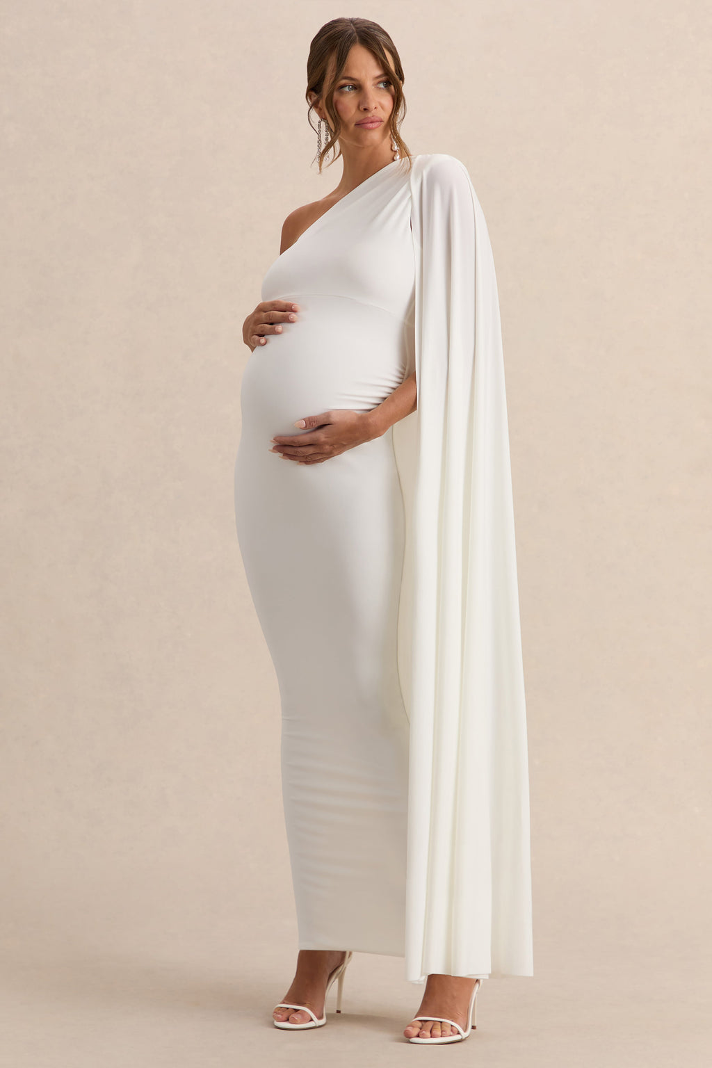 Amaryllis | White Maternity One Shoulder Maxi Dress with Cape Sleeve