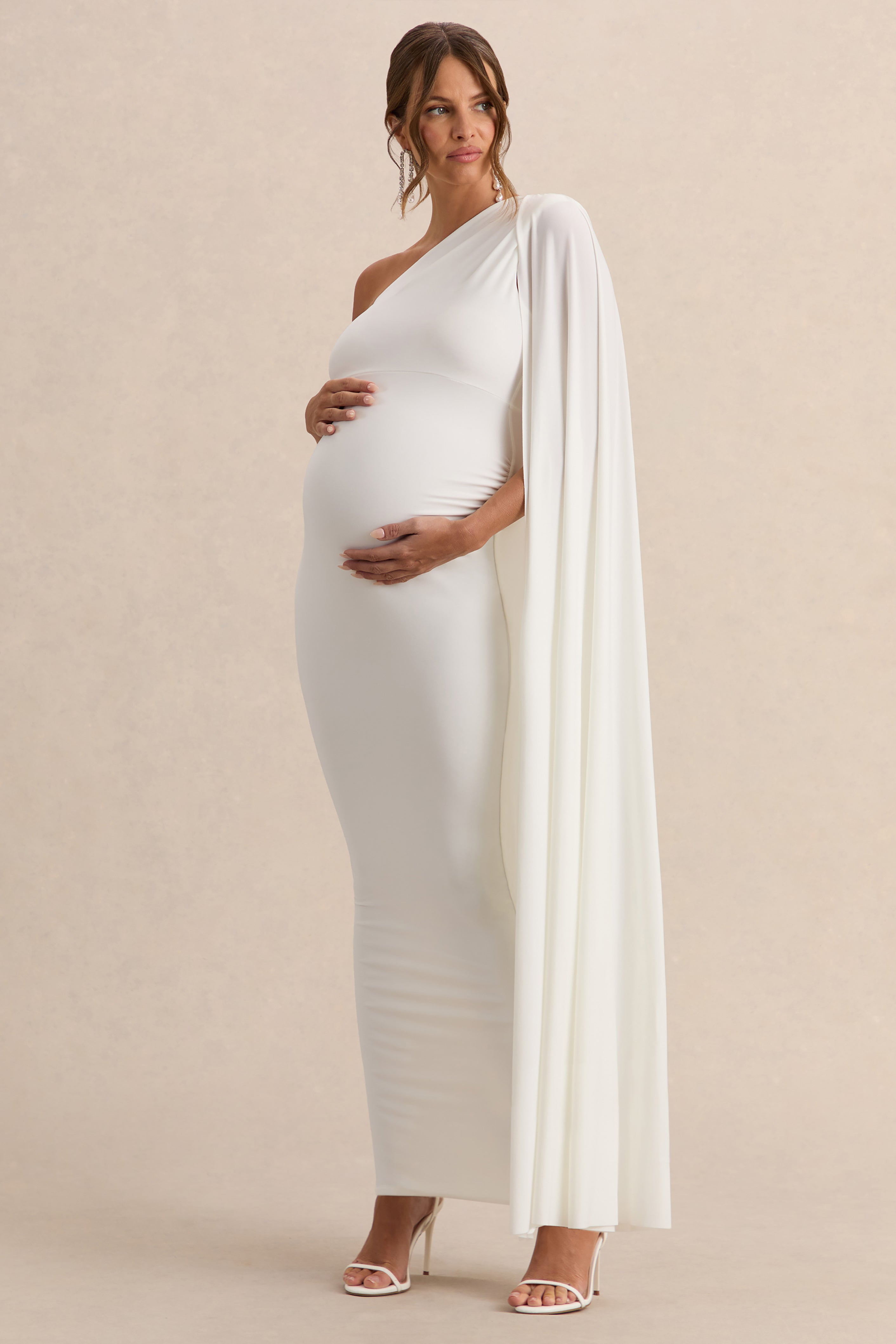 Amaryllis | White Maternity One Shoulder Maxi Dress with Cape Sleeve