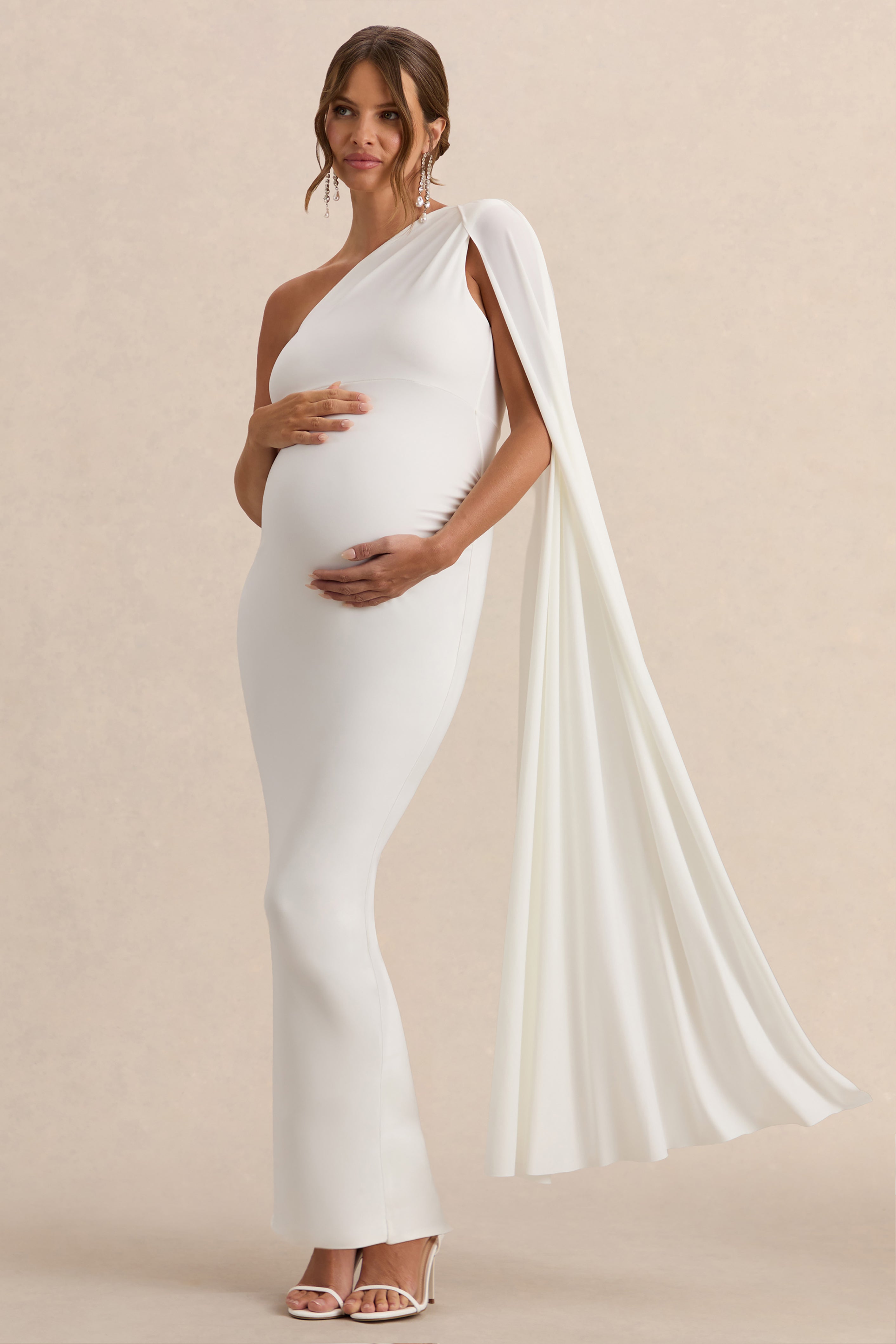 Amaryllis | White Maternity One Shoulder Maxi Dress with Cape Sleeve