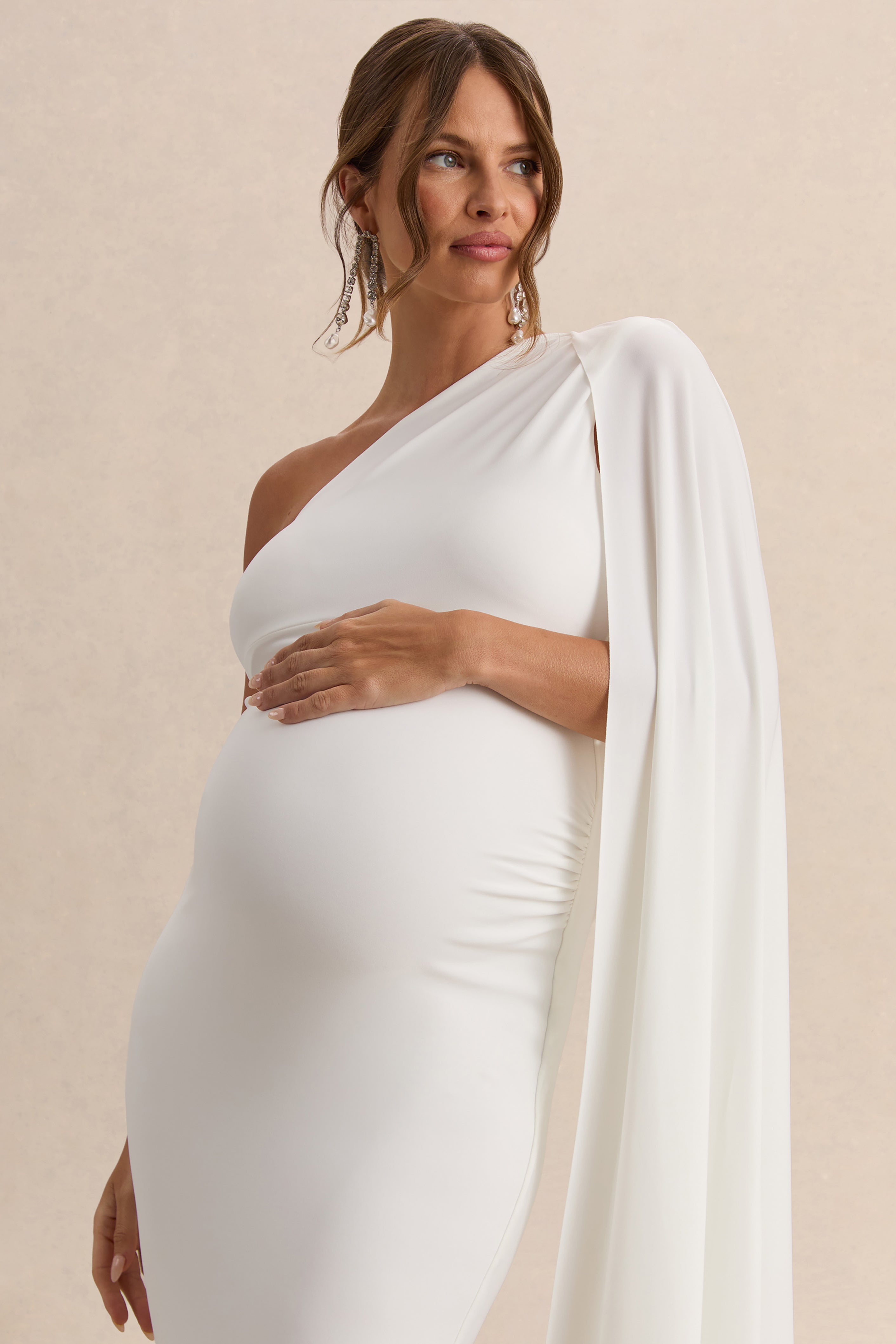 Amaryllis | White Maternity One Shoulder Maxi Dress with Cape Sleeve
