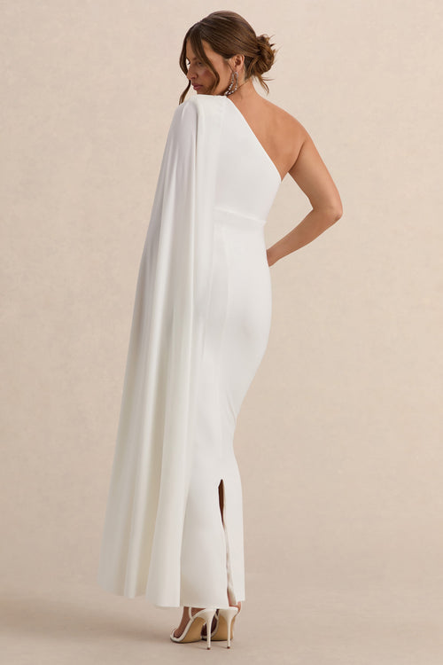 Amaryllis | White Maternity One Shoulder Maxi Dress with Cape Sleeve