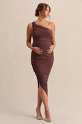 Late Night | Brown Maternity Ruched One Shoulder Midi Dress