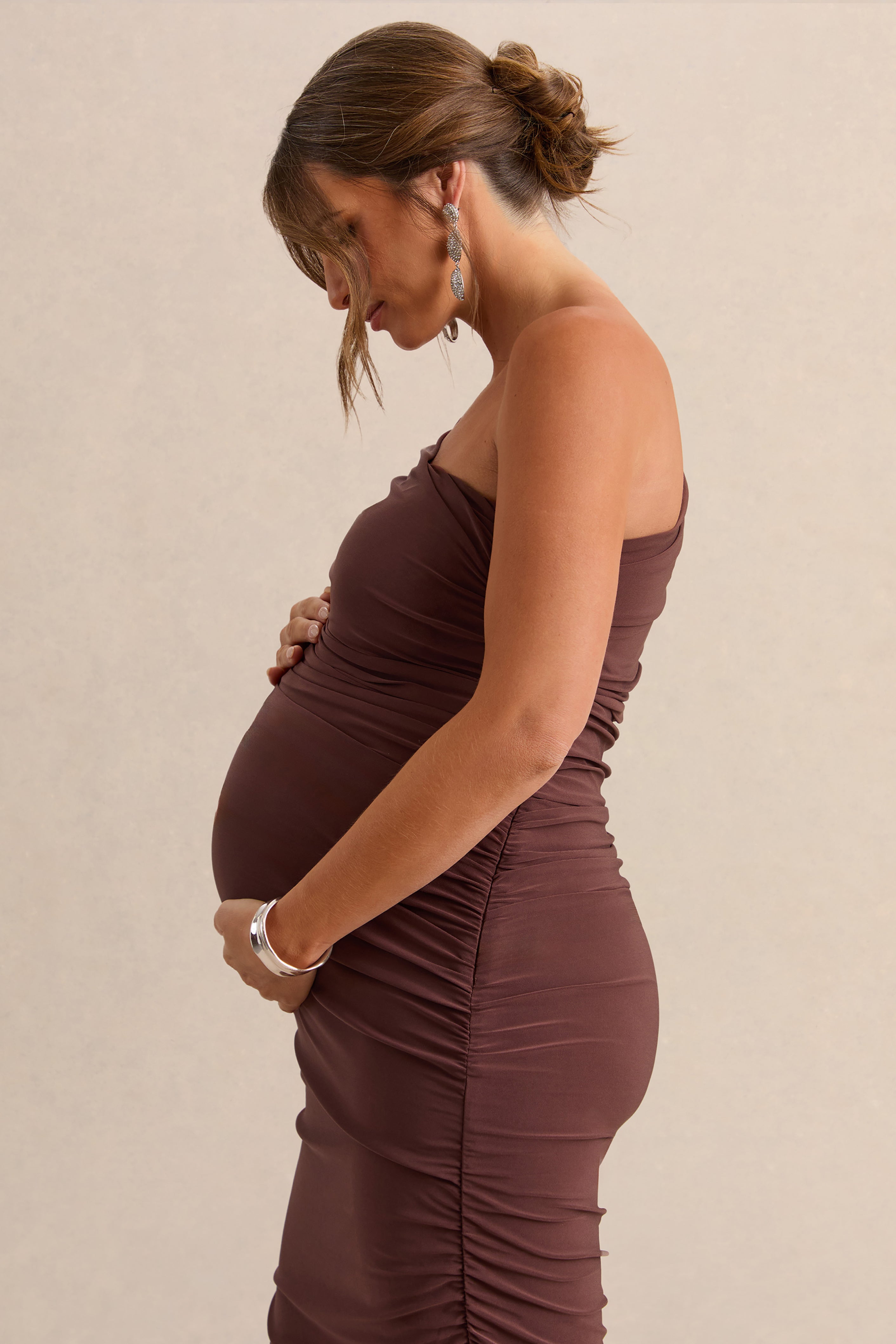 Late Night | Brown Maternity Ruched One Shoulder Midi Dress
