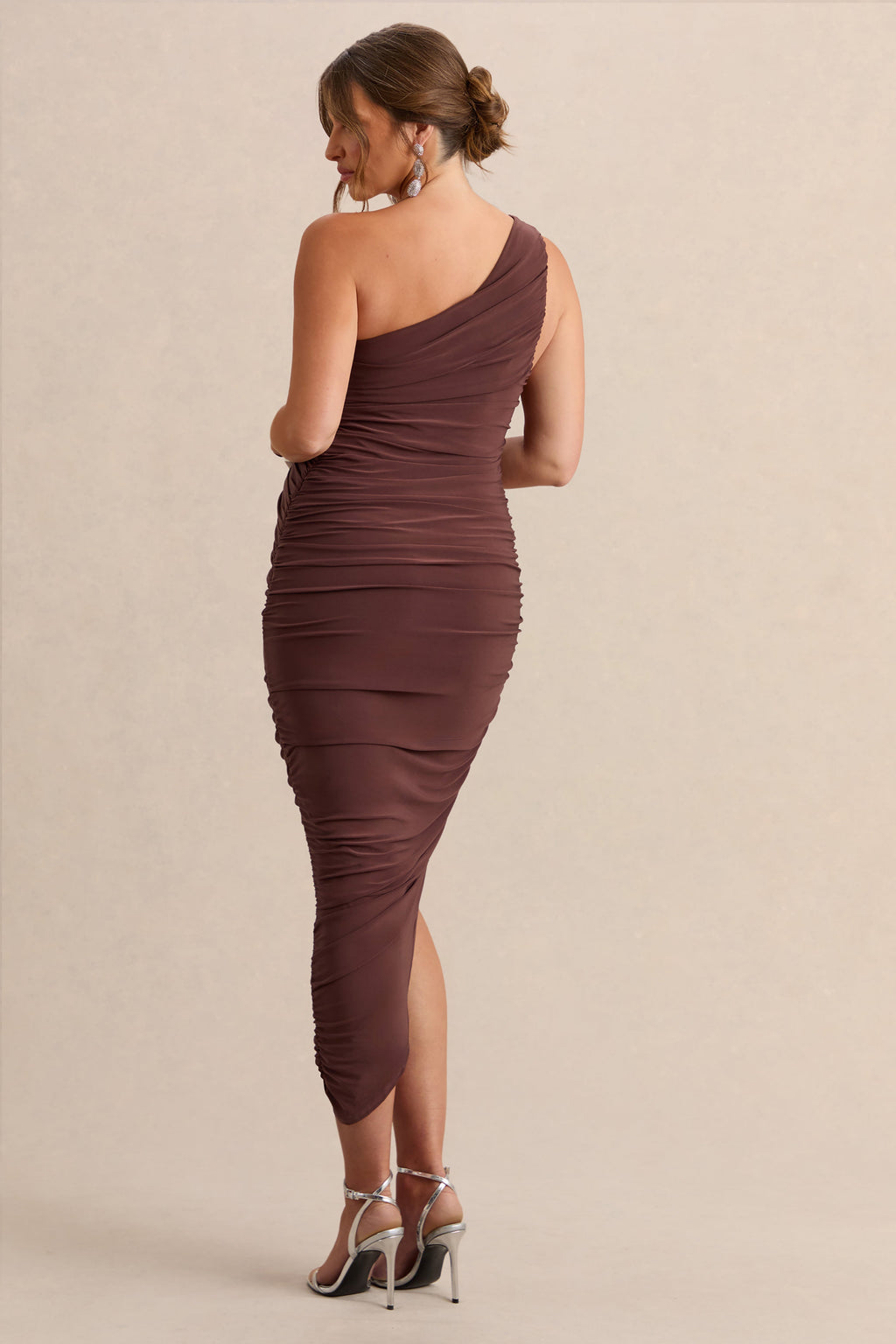 Late Night | Brown Maternity Ruched One Shoulder Midi Dress