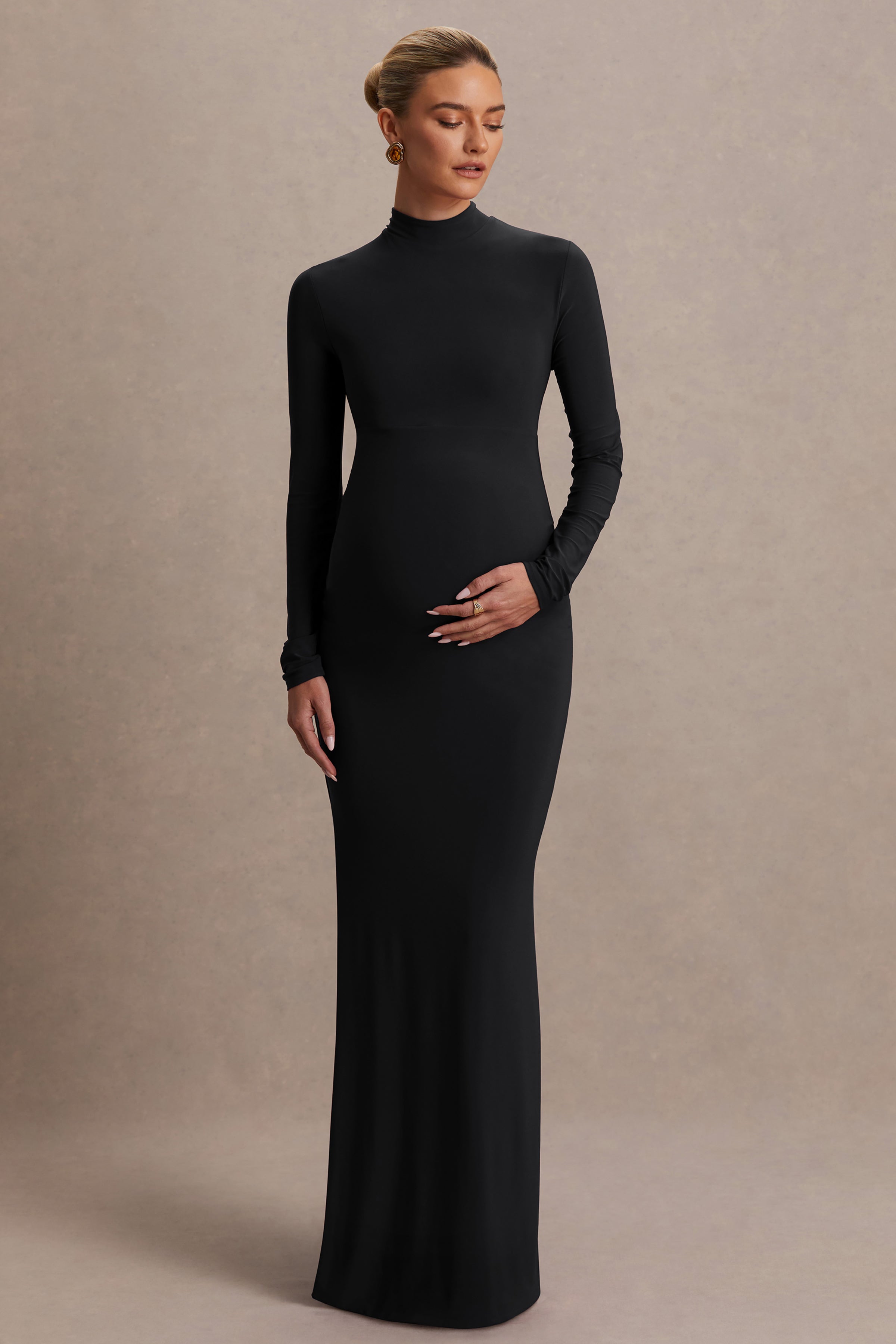 Alejandra | Black Maternity Long Sleeve High Neck Maxi Dress