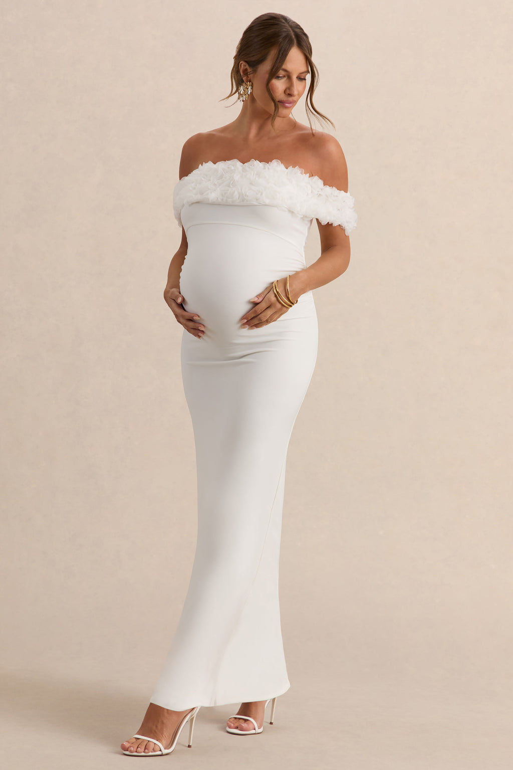 Inflorescence | White Mesh Floral Bardot Maternity Maxi Dress