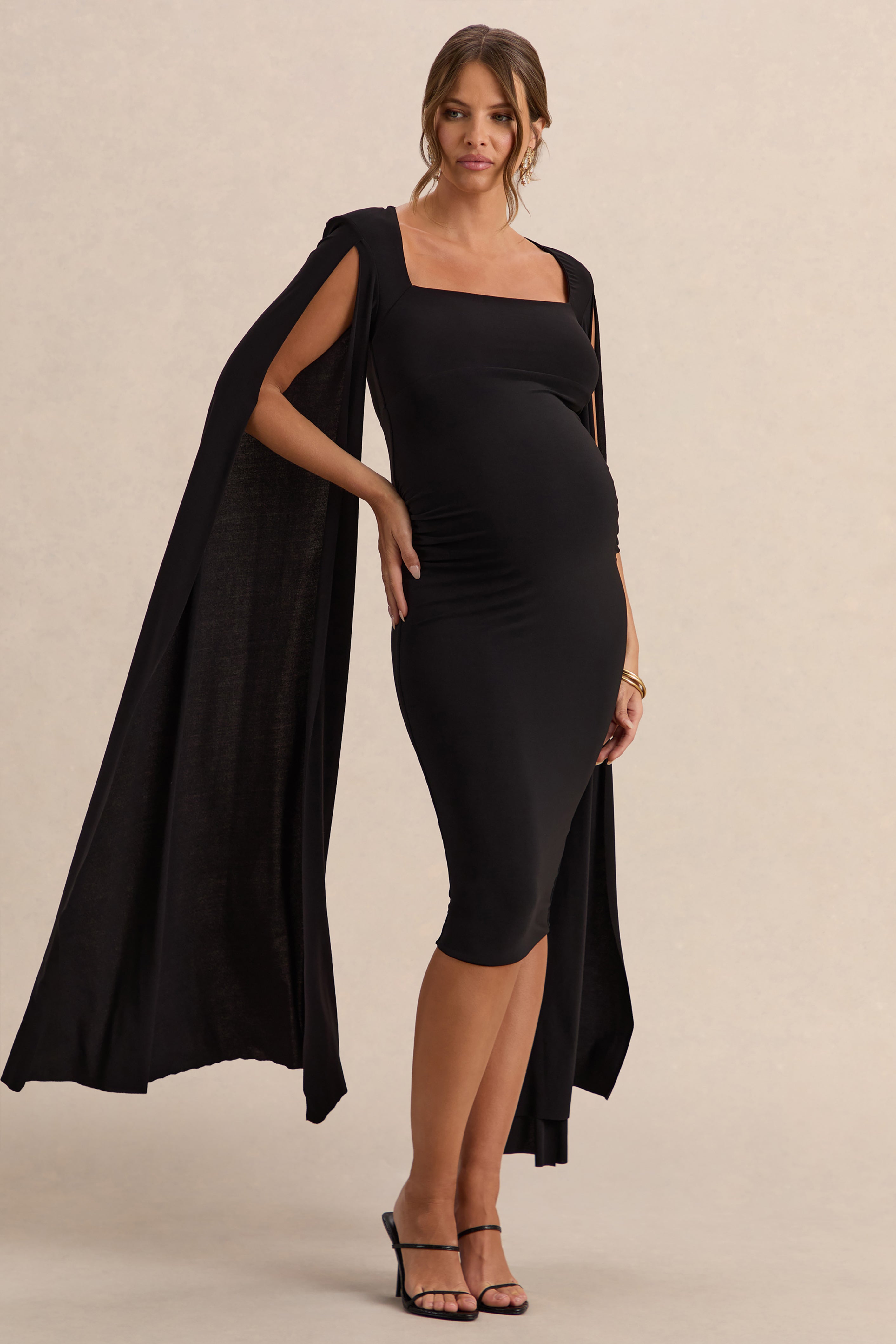Flawless | Black Square-Neck Maternity Midi Dress With Cape-Sleeves