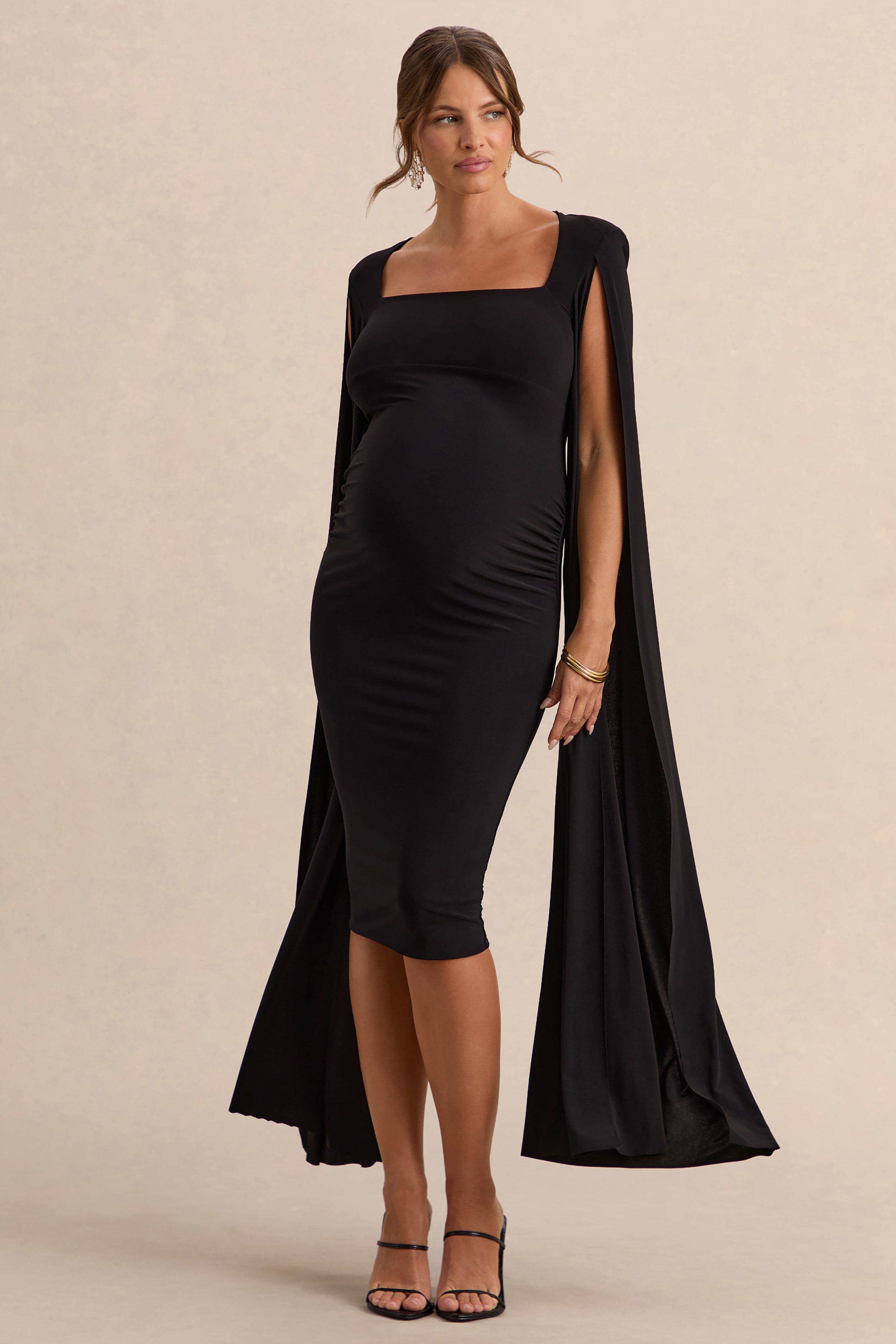Flawless | Black Square-Neck Maternity Midi Dress With Cape-Sleeves