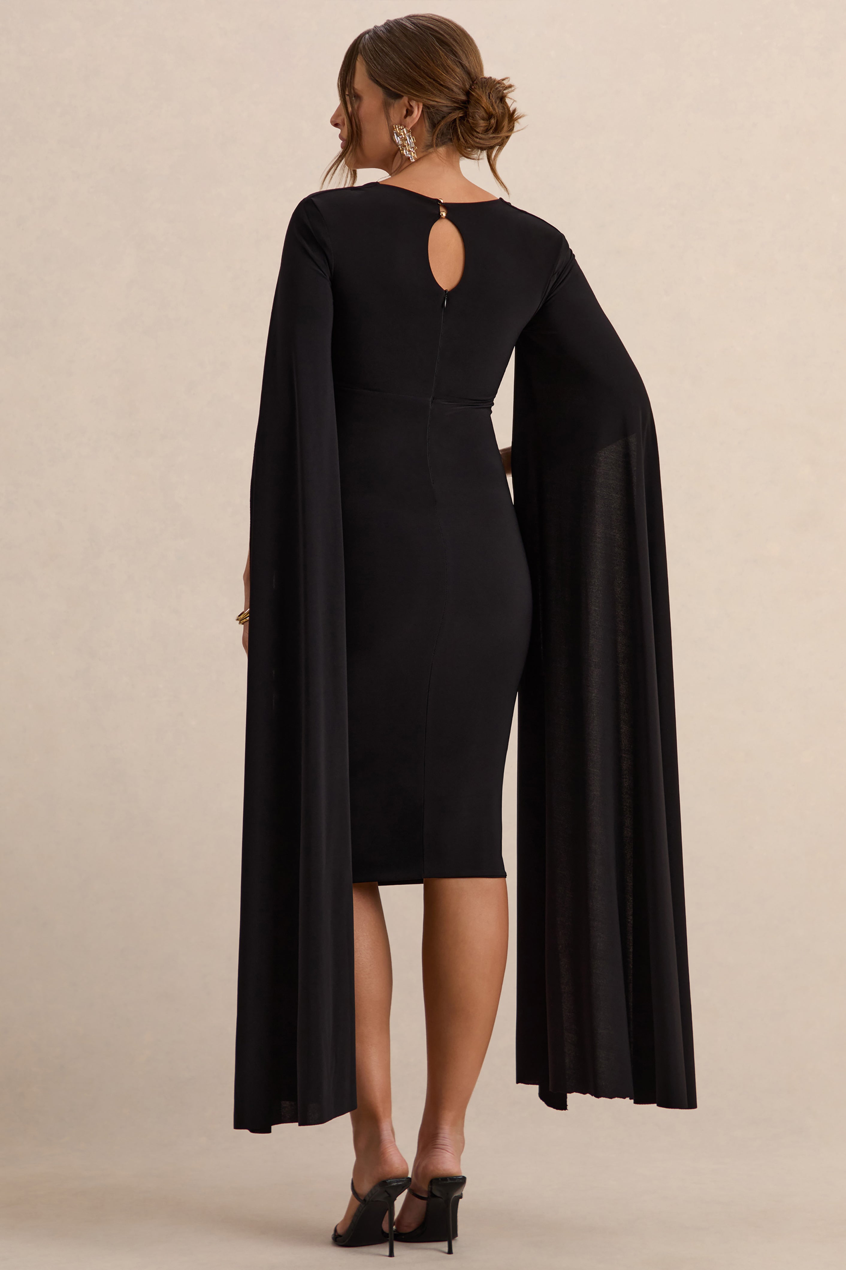 Flawless | Black Square-Neck Maternity Midi Dress With Cape-Sleeves