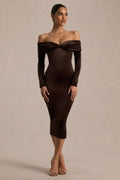Compliment | Brown Velvet Bardot Midi Dress