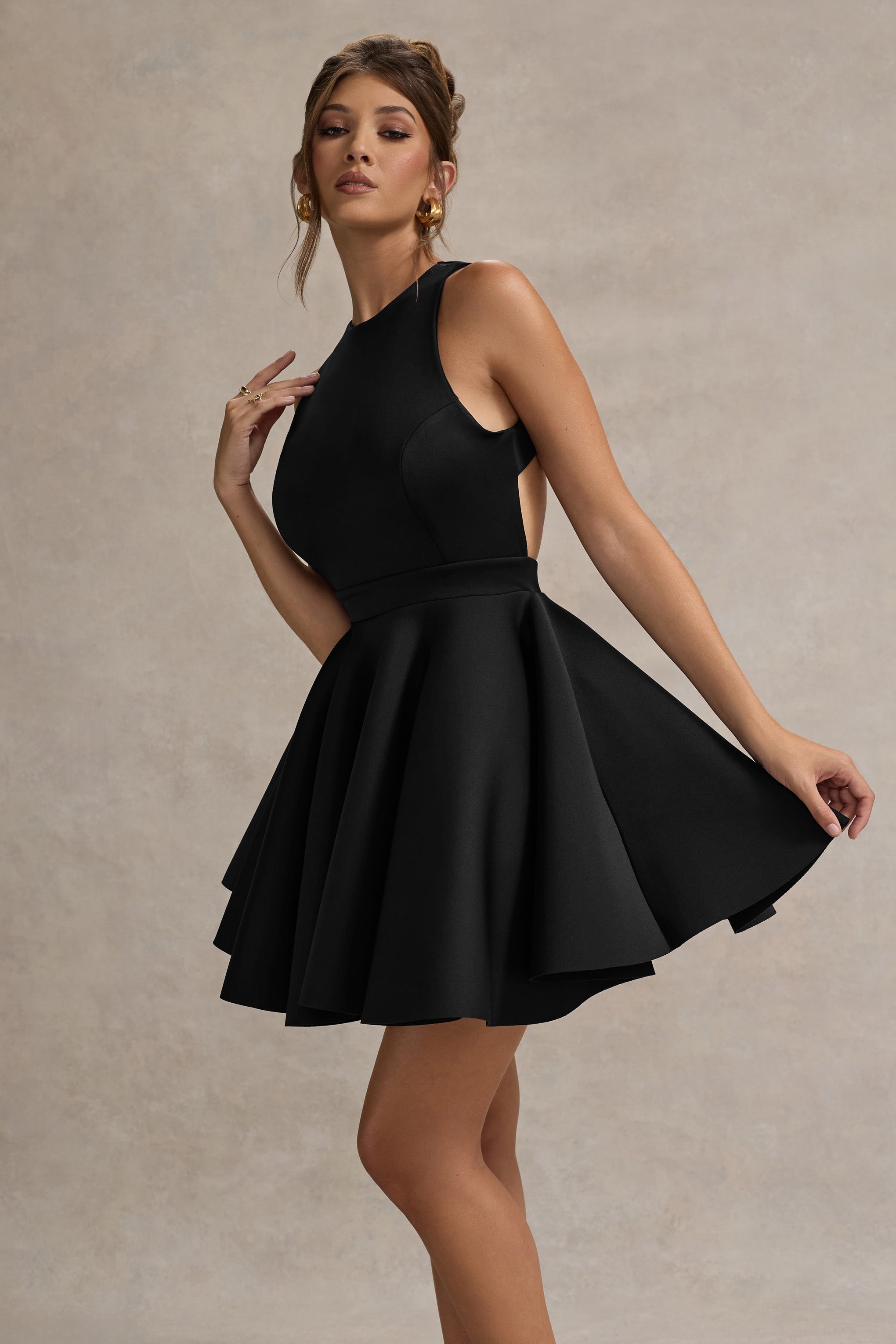 Waverly | Black Racer-Neck Sleeveless Skater Mini Dress