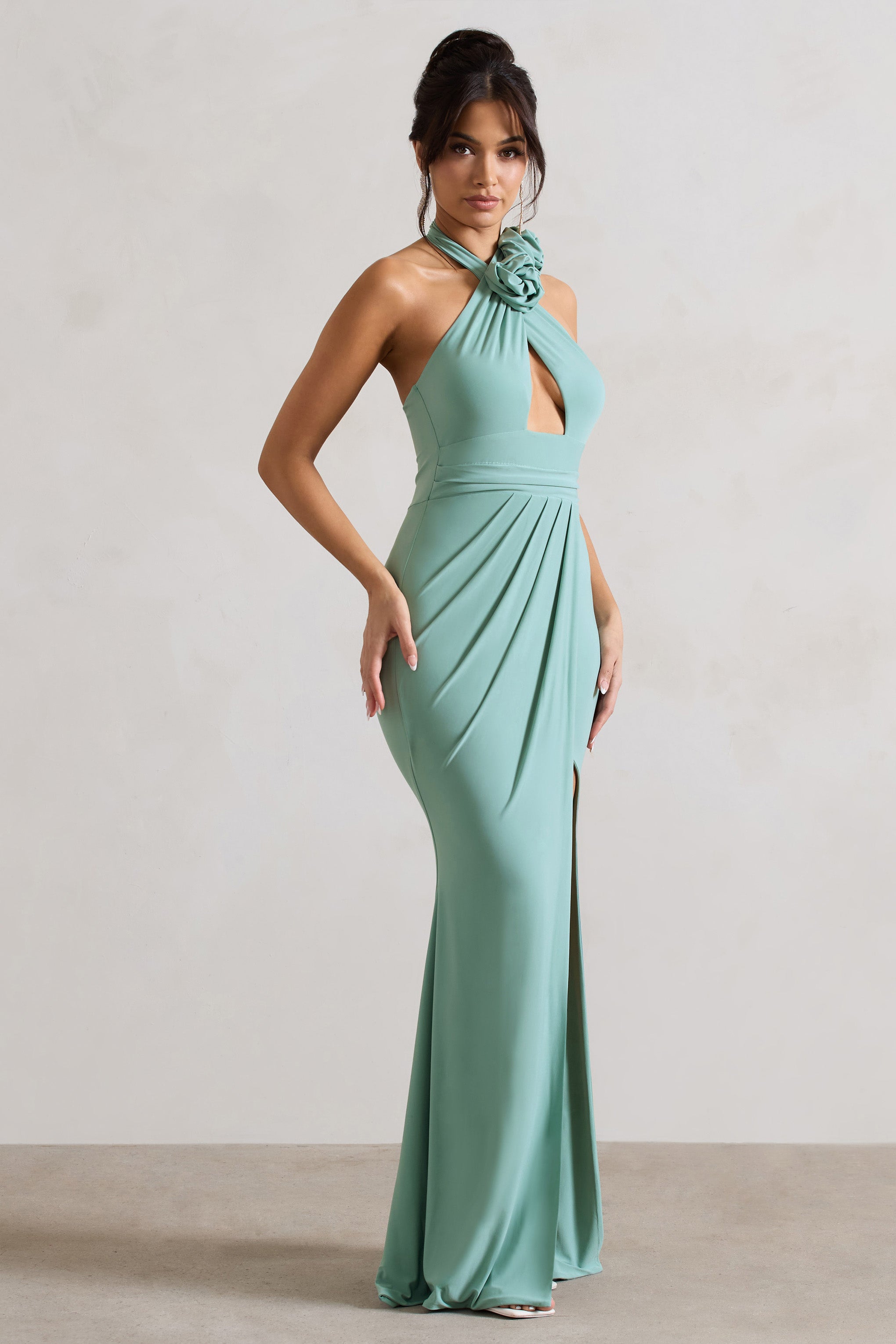 Kira | Sage Halter-Neck Cut-Out Split Maxi Dress With Flowers