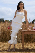 Lauren | White Broderie Strappy Ruffled Maxi Dress