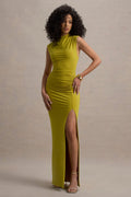 Lanetta | Green Ruched High-Neck Maxi Dress With Split