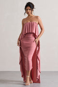 Upon A Time | Blush Ruched Bandeau Midi Dress With Cape