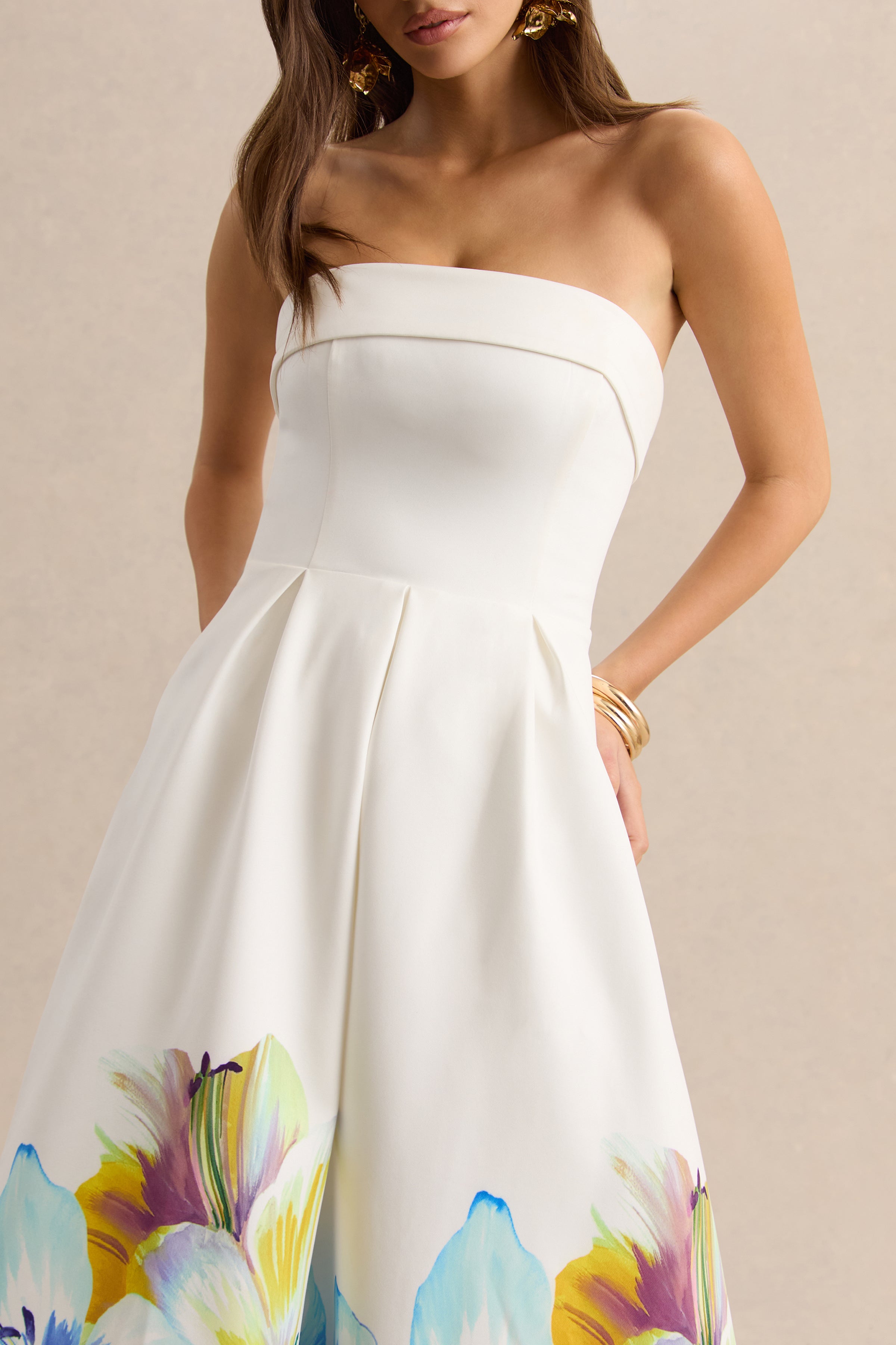 Annalise | Blue And Yellow Floral Border Print Bandeau Skater Midi Dress