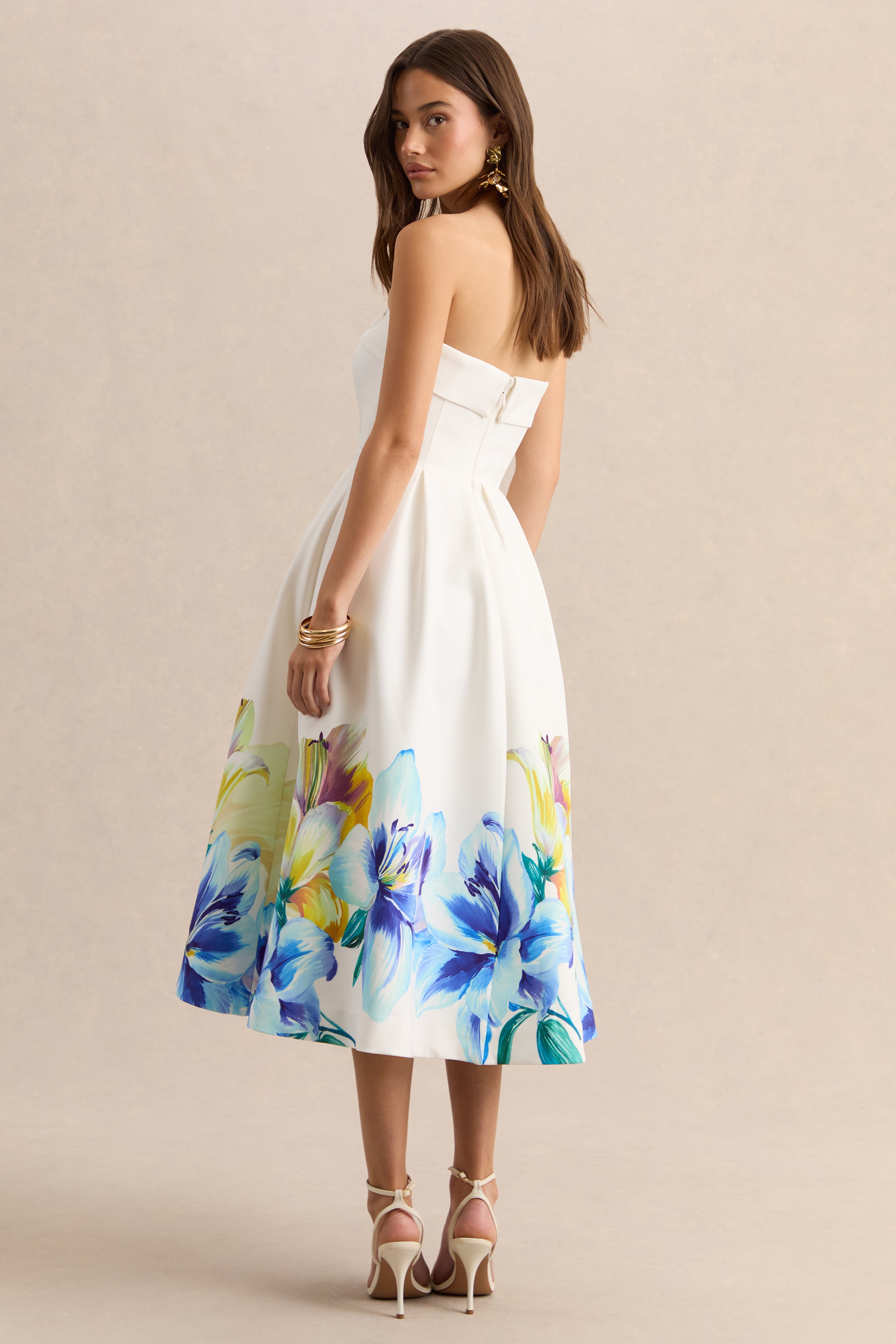 Annalise | Blue And Yellow Floral Border Print Bandeau Skater Midi Dress