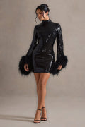 Cupid | Black Sequin High-Neck Mini Dress With Feather Cuffs
