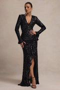 Wild Dream | Black Sequin Plunge-Neck Ruffle Split Maxi Dress