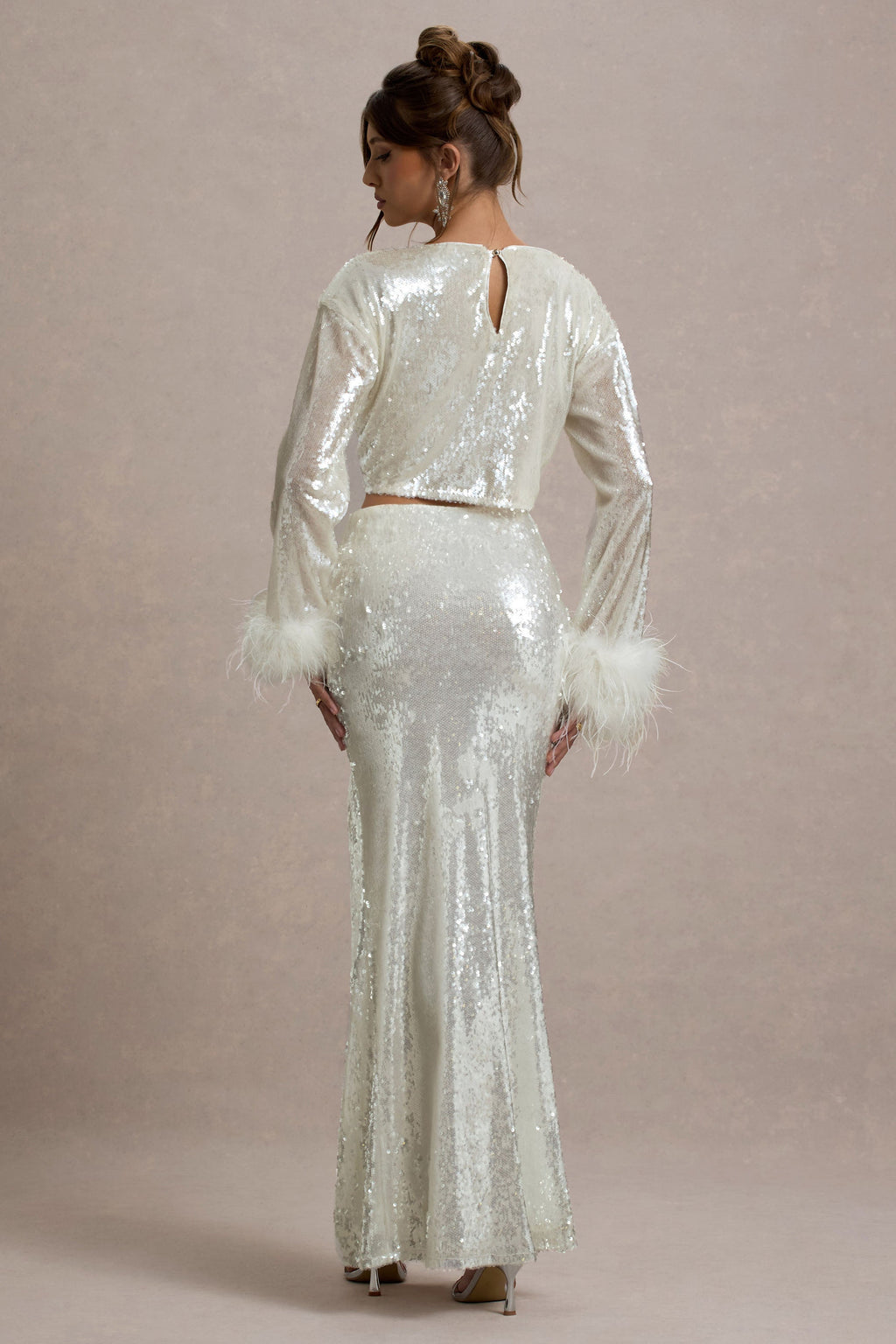 Solita | Sand Sequin Long-Sleeve Crop Top With Feather Trim