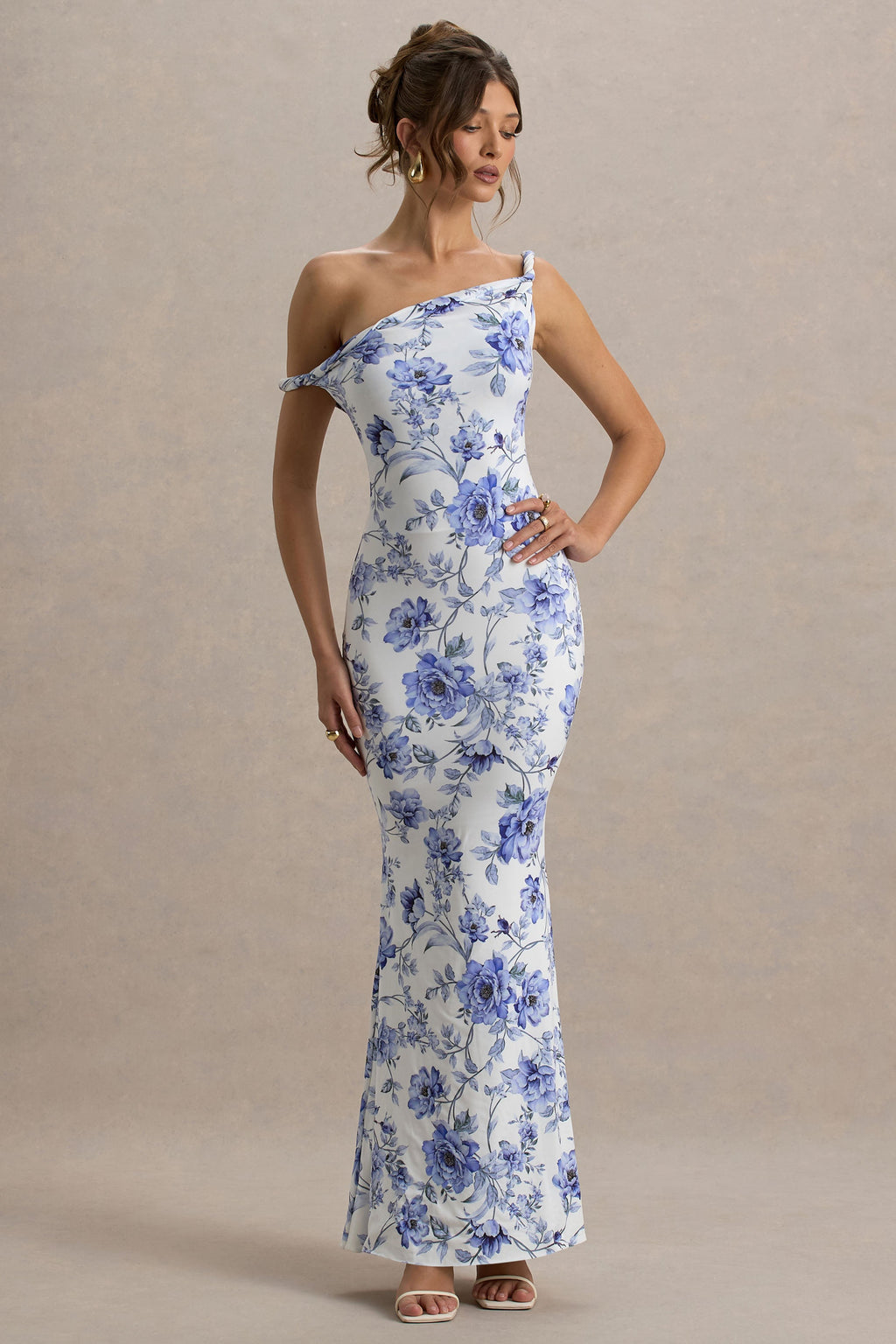 Lita | Blue Floral Print Twisted Asymmetric Maxi Dress