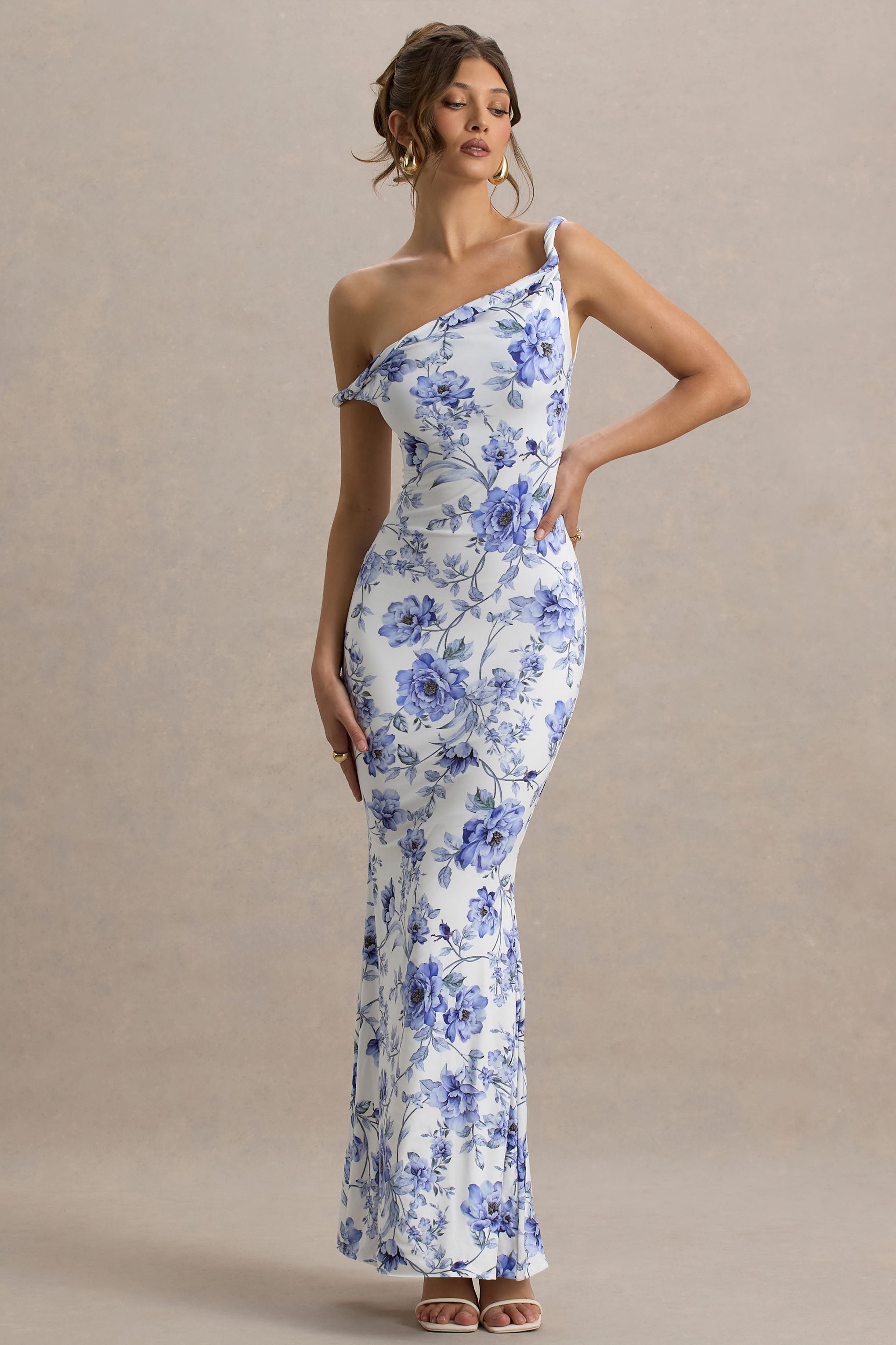 Lita | Blue Floral Print Twisted Asymmetric Maxi Dress