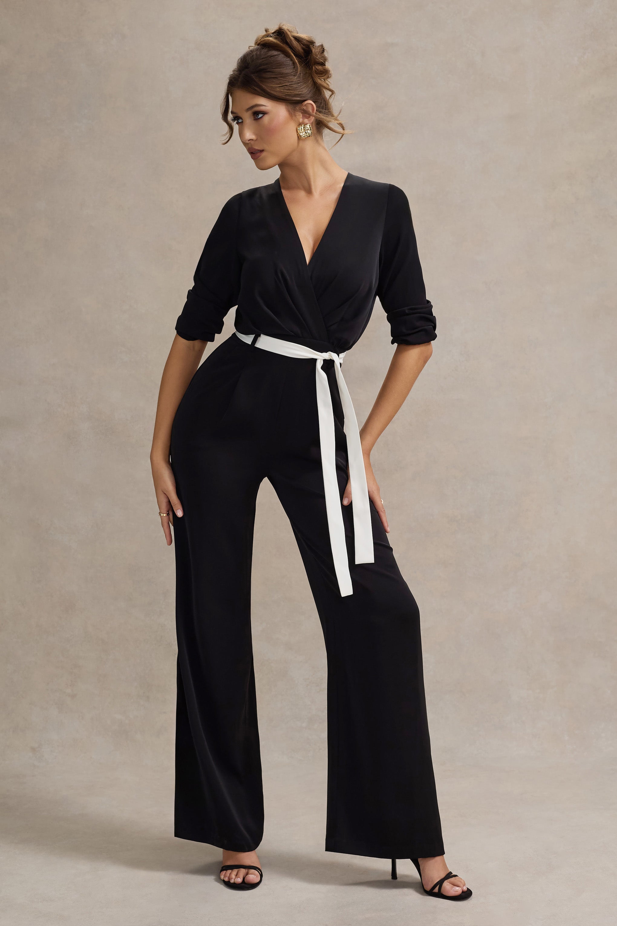 Ruba | Black Tailored Plunge Jumpsuit With Tie Waist