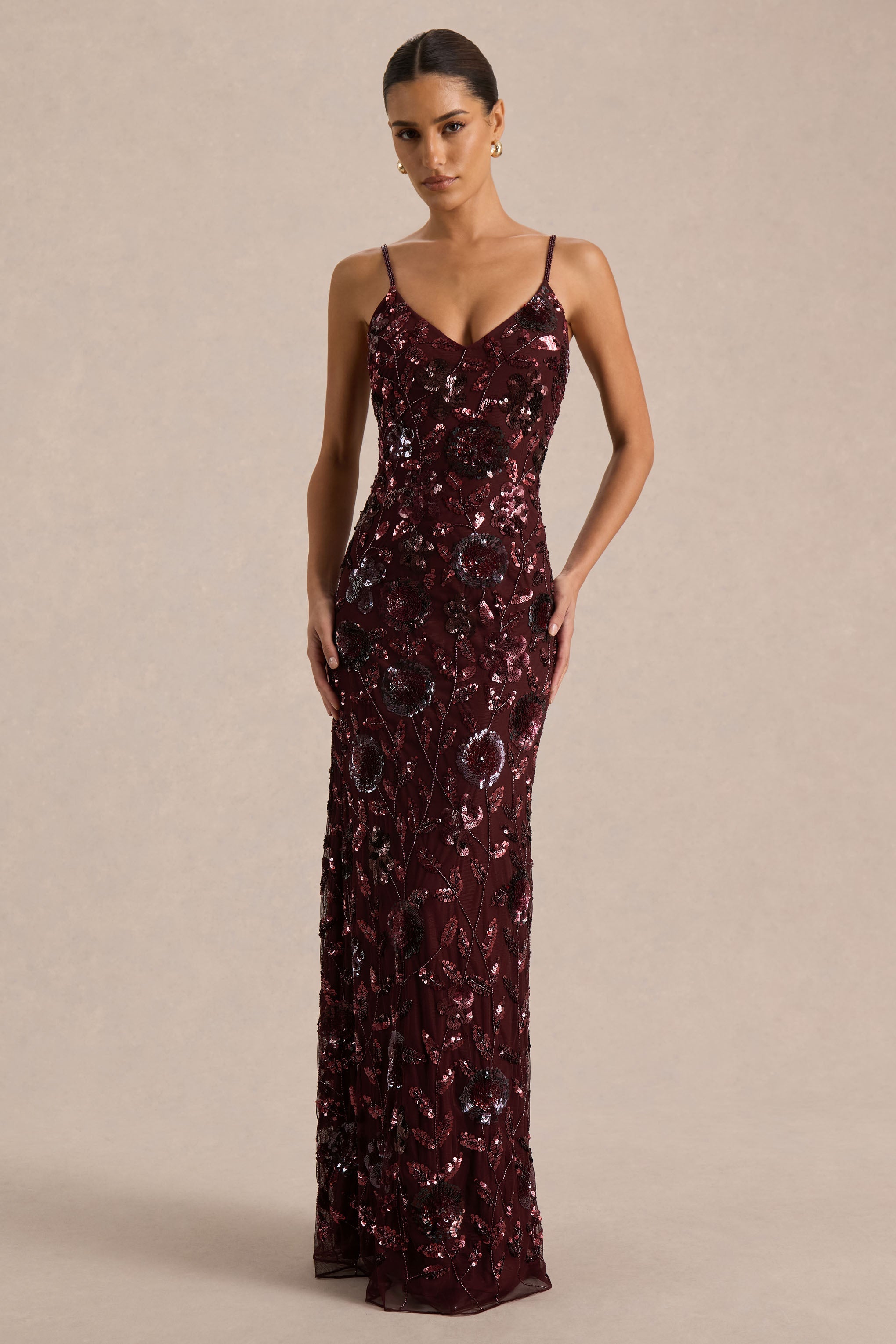 Gemini | Burgundy Floral Sequin Embellished Strappy Maxi Dress