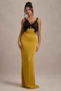Sahara | Mustard Satin V-Neck Maxi Dress With Black Lace Trim