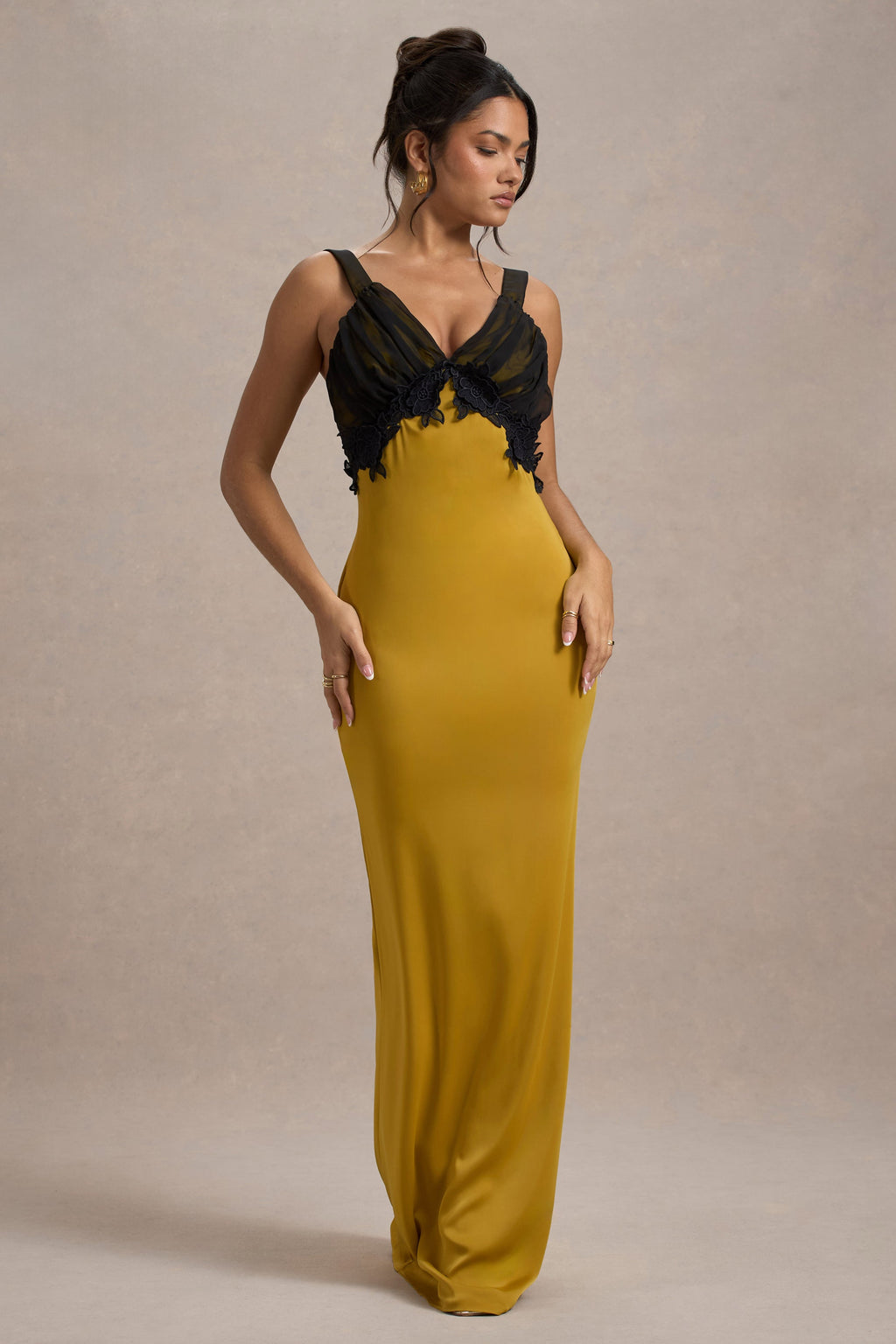 Sahara | Mustard Satin V-Neck Maxi Dress With Black Lace Trim