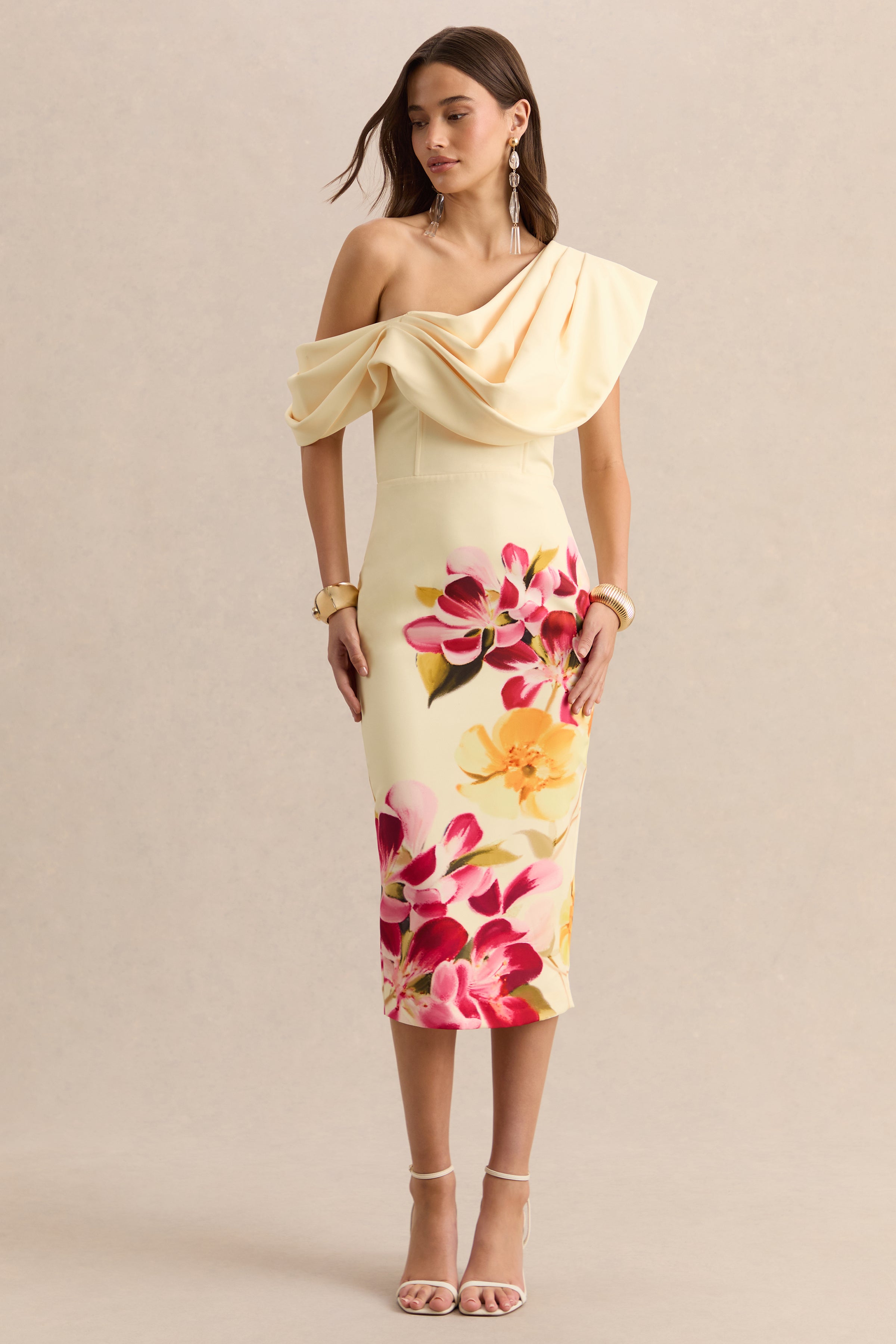 Adrina | Hot Pink & Lemon Floral Print Draped One Shoulder Midi Dress