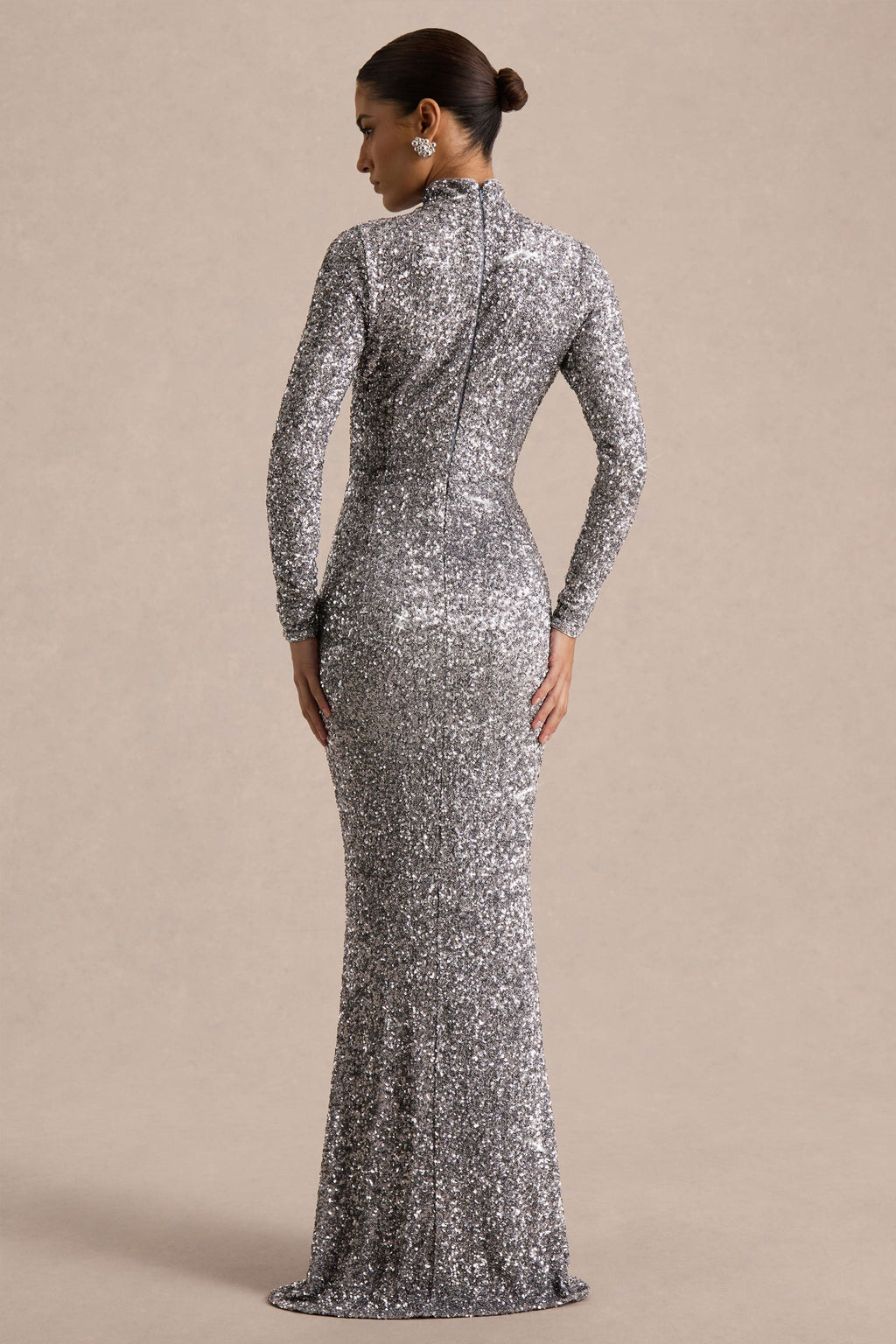 Galaxy | Silver Sequin Turtle-Neck Long-Sleeve Maxi Dress