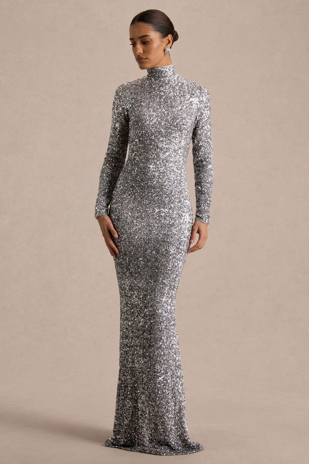 Galaxy | Silver Sequin Turtle-Neck Long-Sleeve Maxi Dress