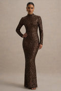 Galaxy | Brown Sequin Turtle-Neck Long-Sleeve Maxi Dress