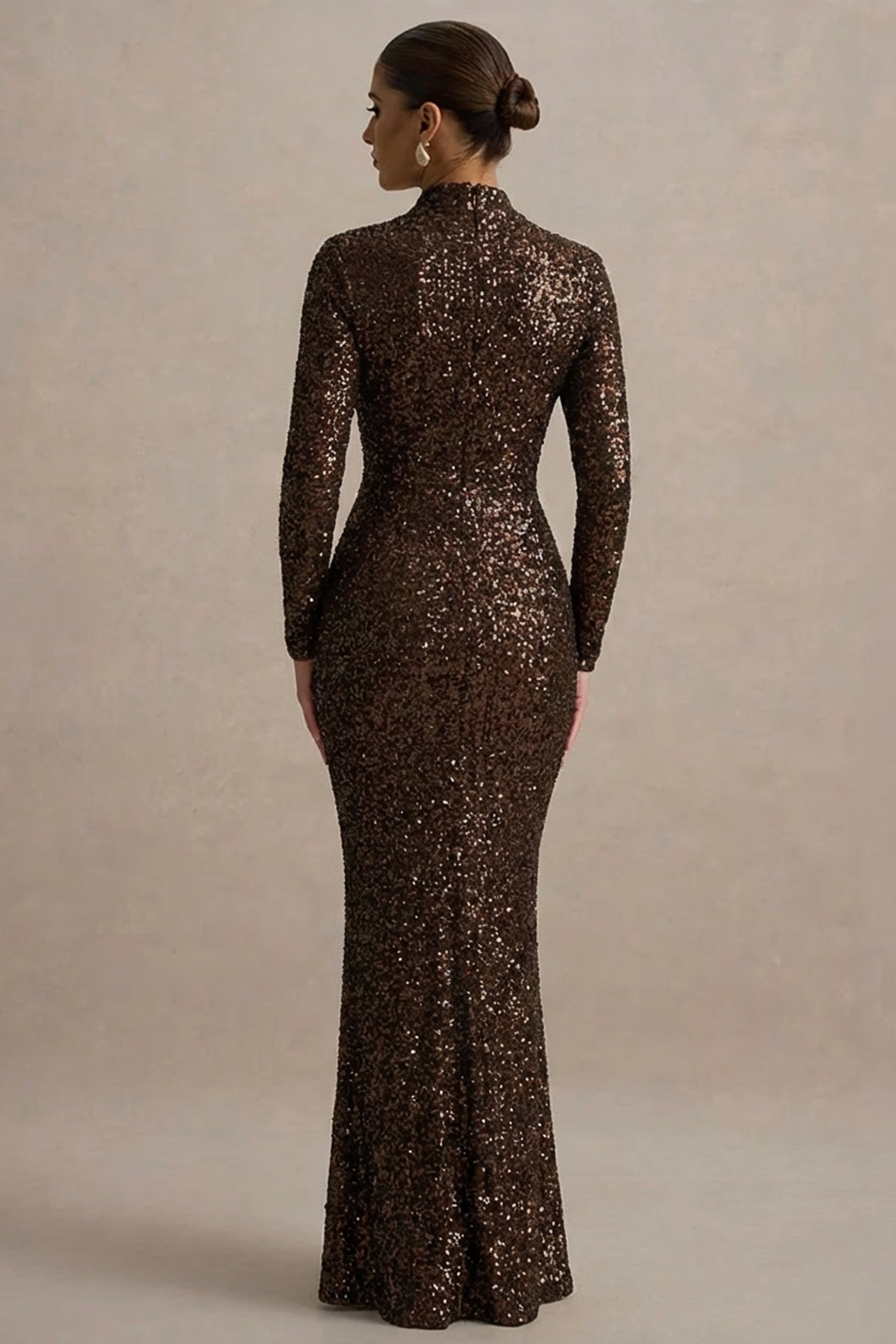 Galaxy | Brown Sequin Turtle-Neck Long-Sleeve Maxi Dress