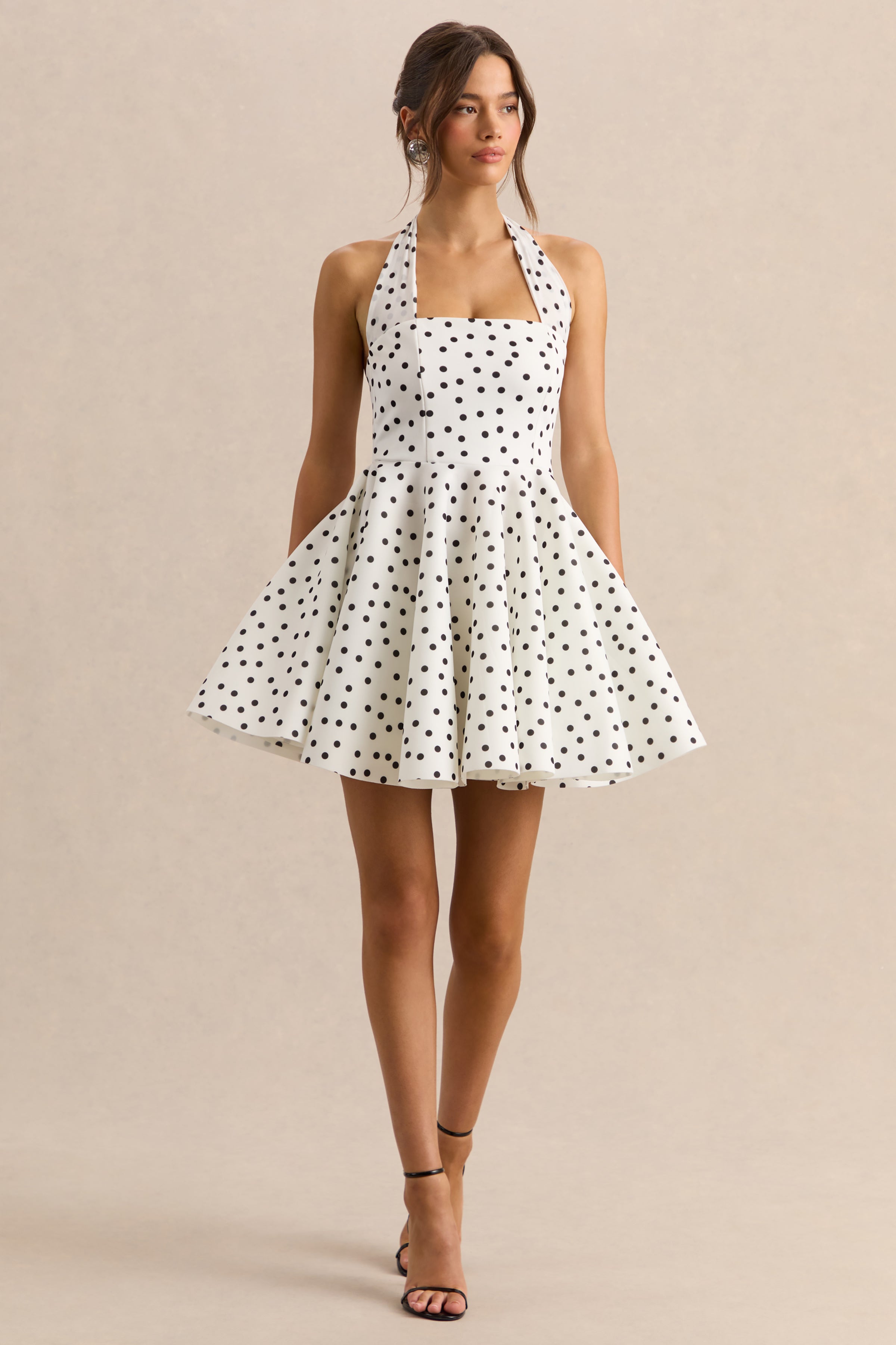Peggy | White & Black Polka Dot Halter-Neck Skater Mini Dress