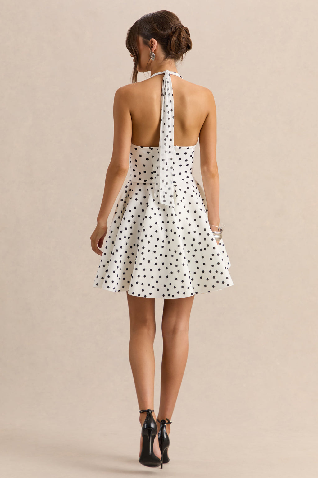 Peggy | White & Black Polka Dot Halter-Neck Skater Mini Dress