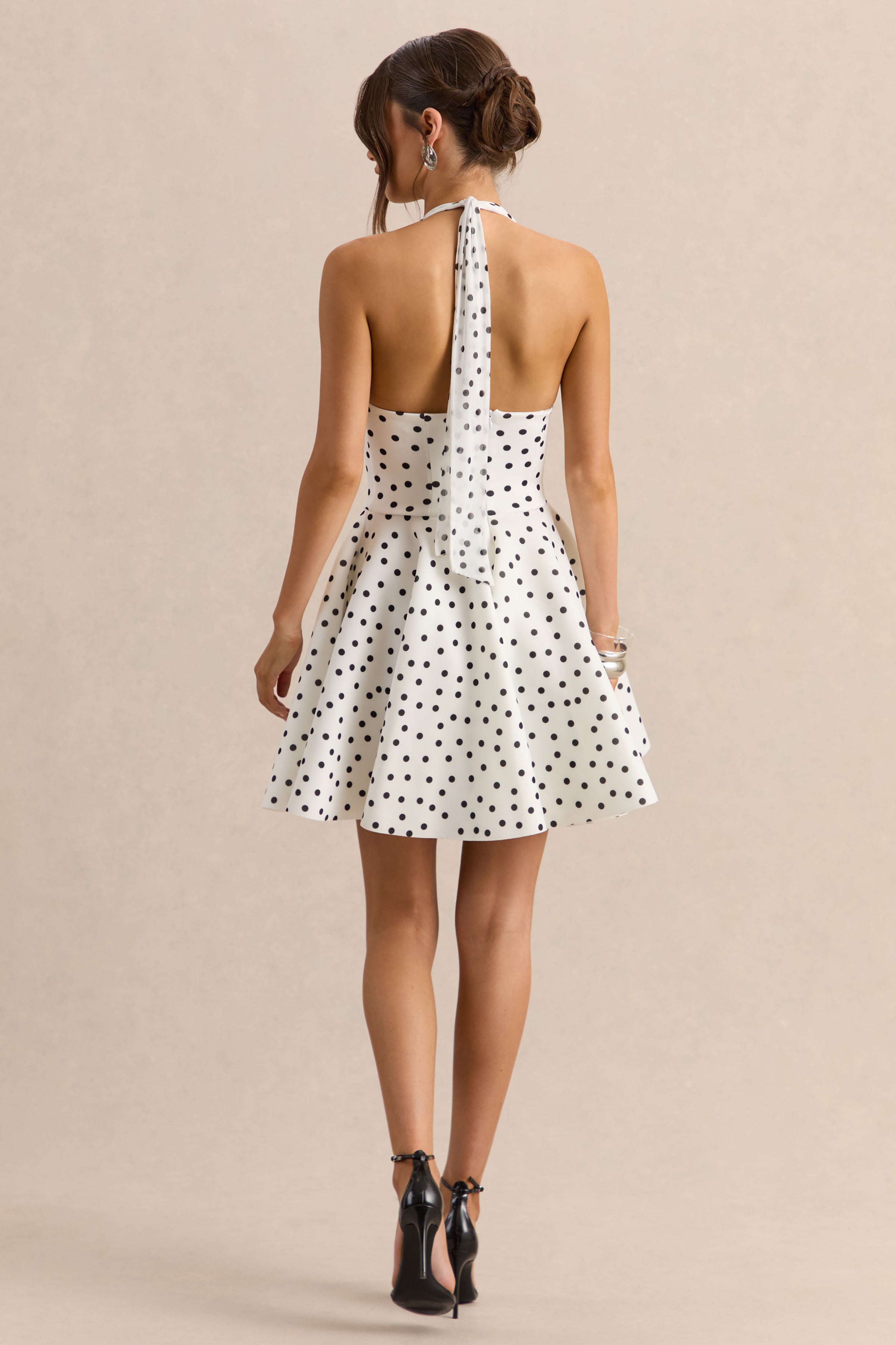 Peggy | White & Black Polka Dot Halter-Neck Skater Mini Dress