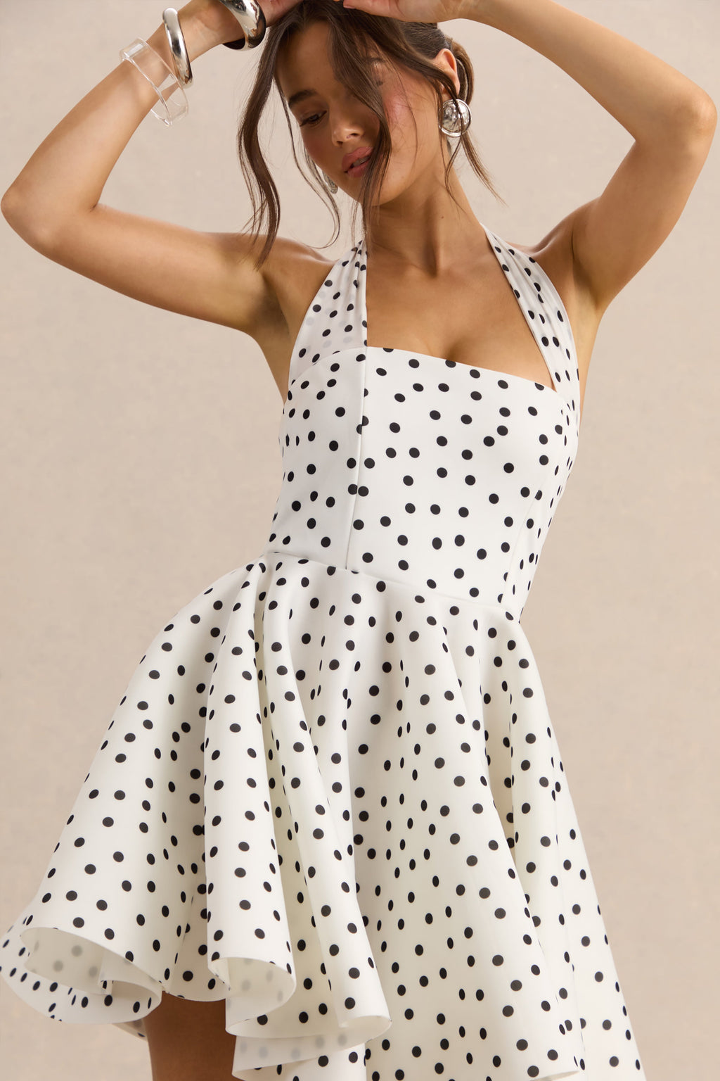 Peggy | White & Black Polka Dot Halter-Neck Skater Mini Dress
