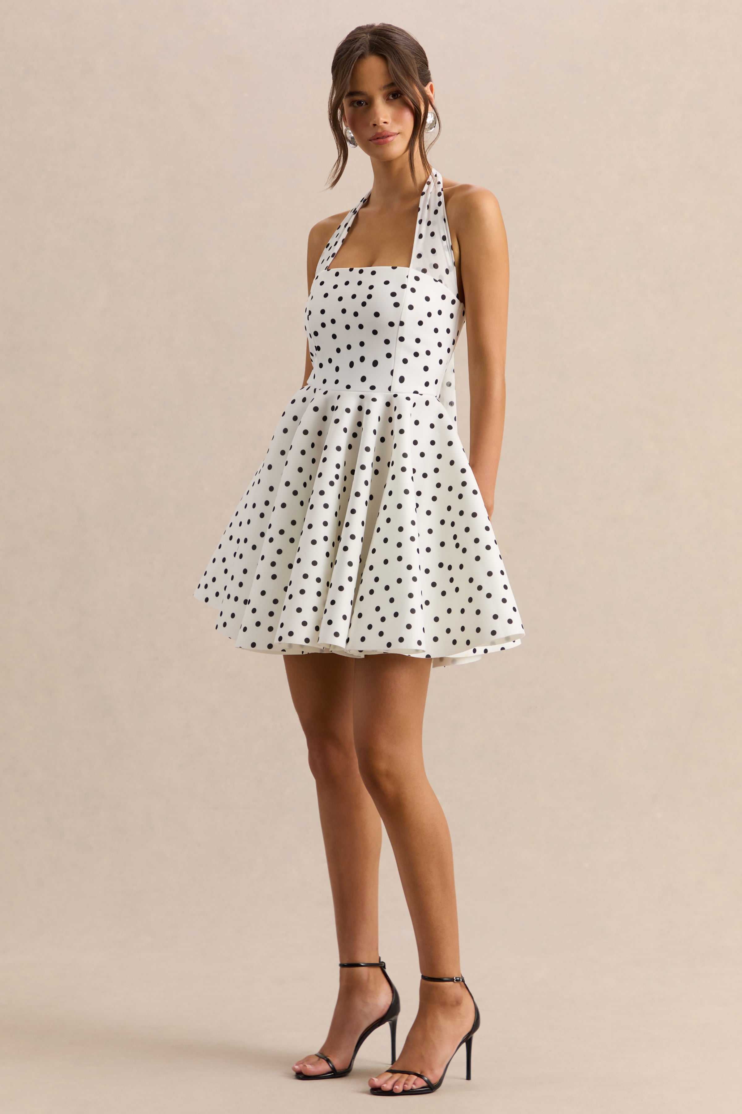 Peggy | White & Black Polka Dot Halter-Neck Skater Mini Dress