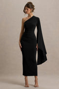 Clementina | Black Asymmetric Cape Sleeve Maxi Dress