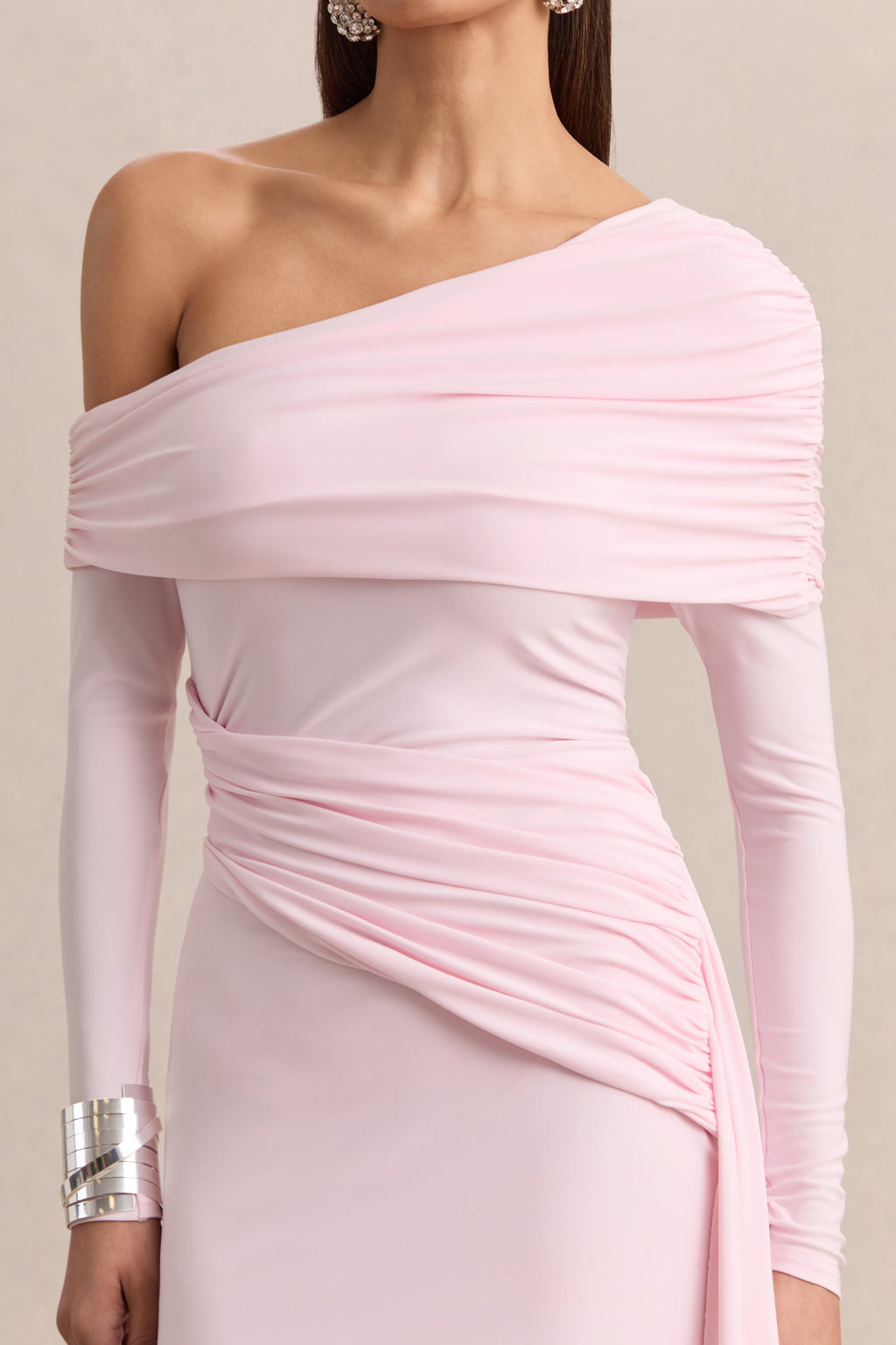 Savita | Light Pink Ruched Asymmetric Mini Dress With Drape